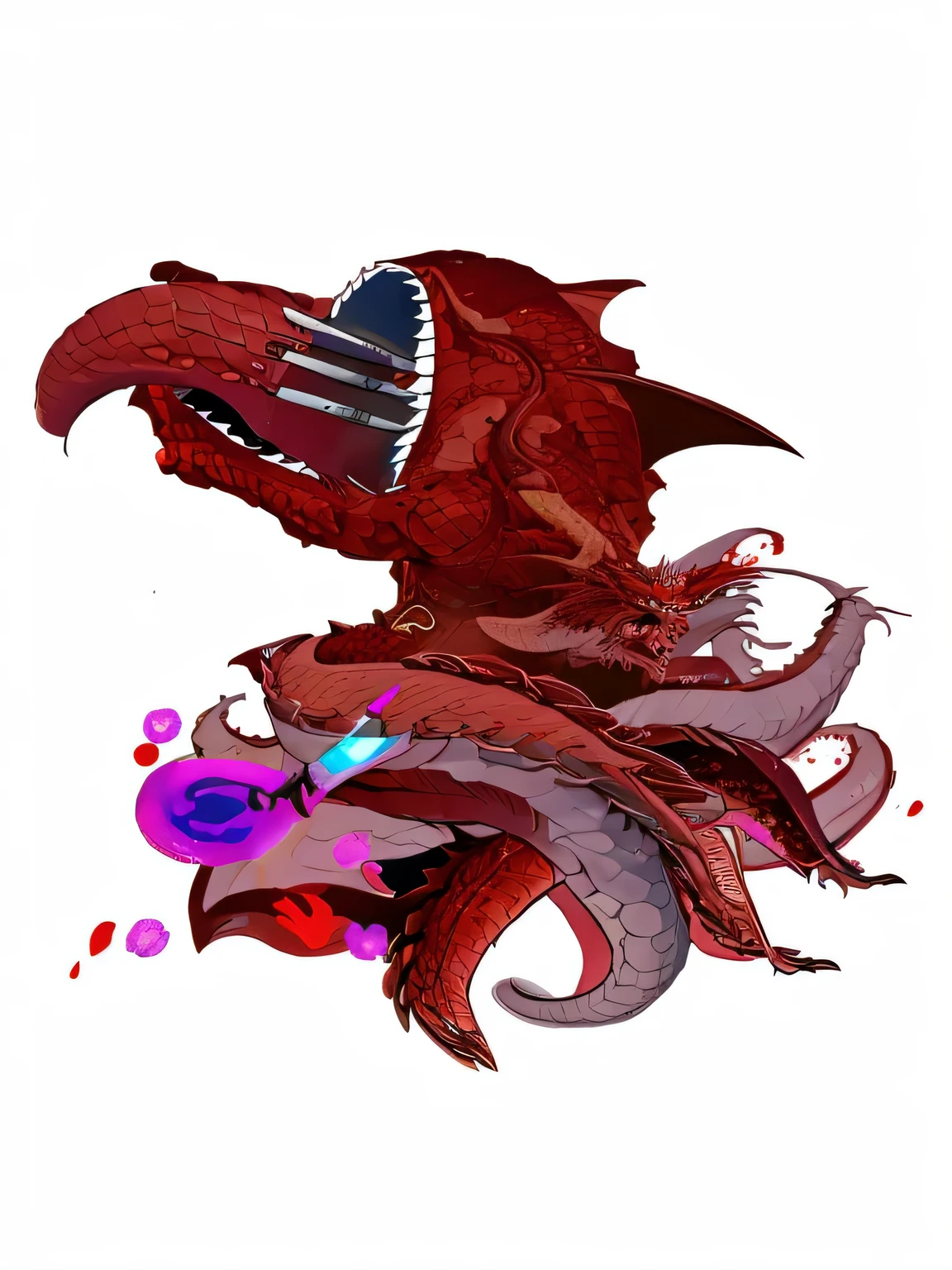 there is a drawing of a dragon with a knife in his month, blood moon tentacles!!,