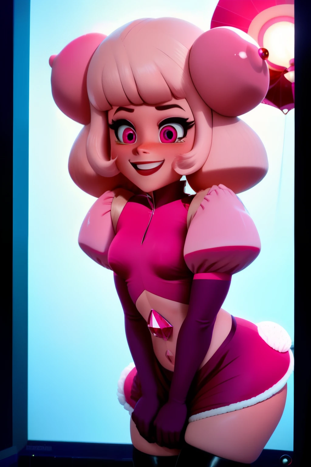 pnkdamond, pink hair, pink eyes,  big hair,  stomach gem,  pink skin,  toned, 
puffy short sleeves, elbow gloves ,  white thighhighs,   puffy dress, 
standing, upper body, 
 outerspace,  
(insanely detailed, beautiful detailed face,beautiful detailed eyes, masterpiece, best quality) cinematic lighting,  smile, 
 