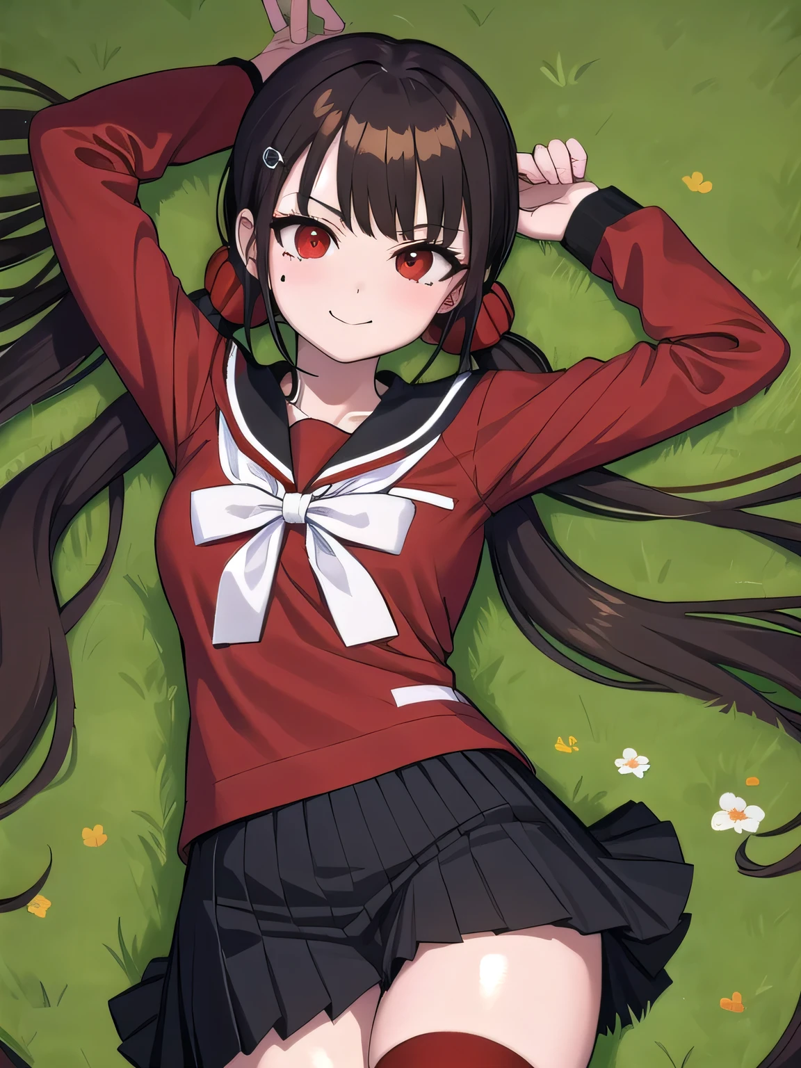 masterpiece, best quality, ultra-high-detailed, Harumaki, red eyes, brown hair, low twintails, red scrunchie, mole under eye, hairclip, white bow, red serafuku, black sailor collar, black skirt, pleated skirt, sleeves rolled up, red thighhighs, lying on back, on grass, arms up, spread arms, cowboy shot, smile, closed mouth,