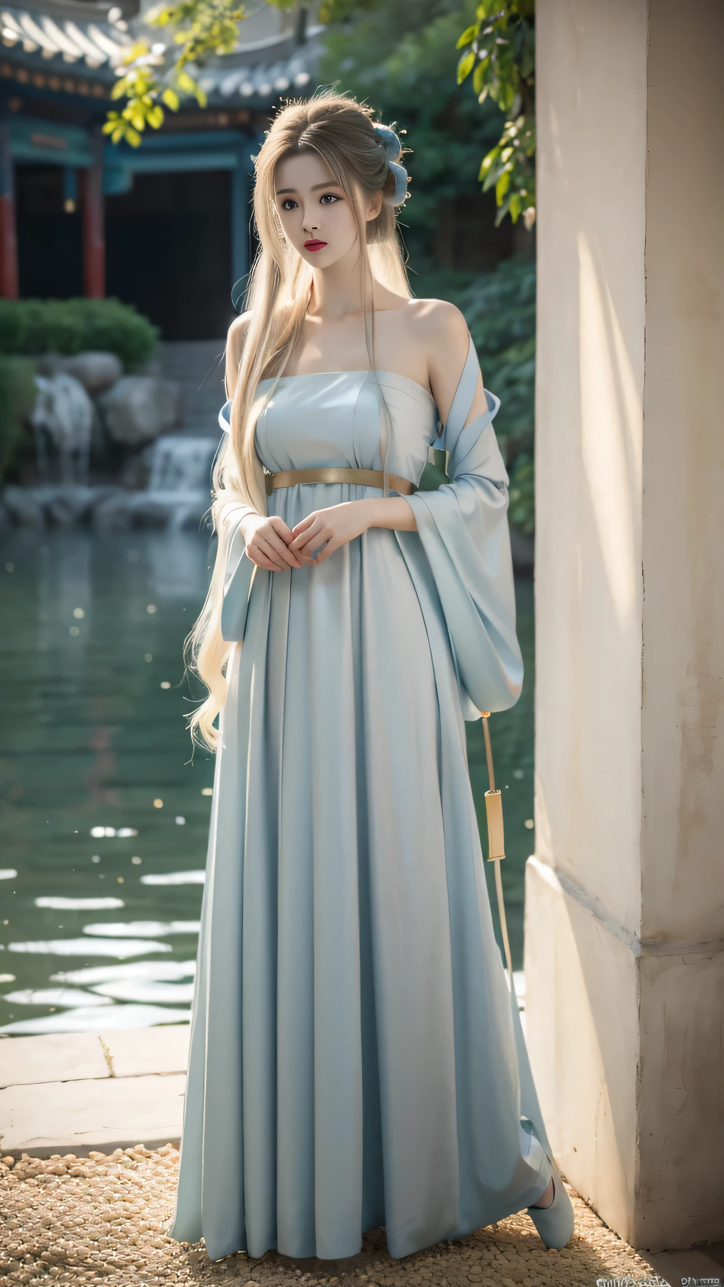 (masterpiece), HD Hanfu women, European and American face, Perfect face, Long blond hair, blue eyes, Very charming.Bandeau Hanfu,Long legs,whole body,Low-cut dress,Show your thighs