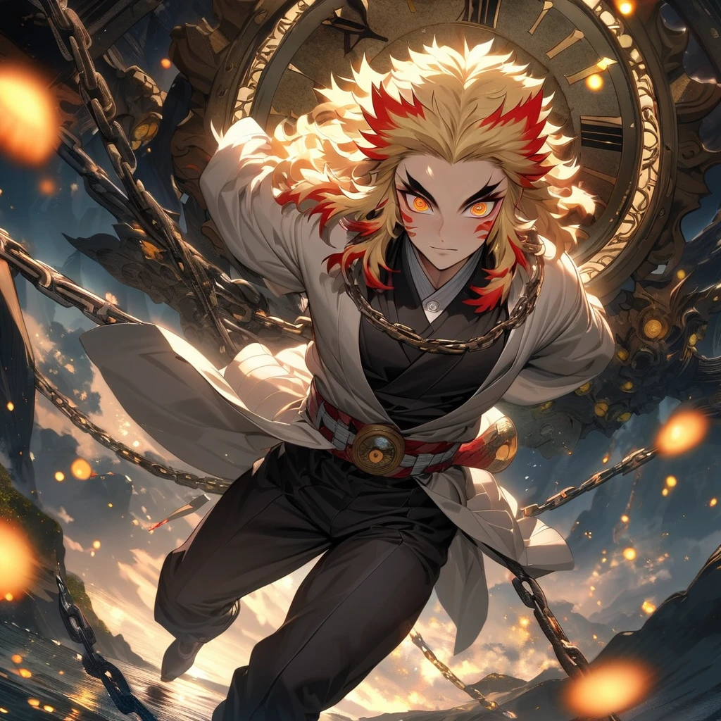 absurdres, highres, ultra detailed, HDR, master piece, best quality, extremely detailed face and eyes, Rengoku Kyojuro, blond hair, expressive orange eyes, Kimetsu No Yaiba, solo, sexy man, handsome, black pants, clock mechanical moon, fantasy, chains, fireflies