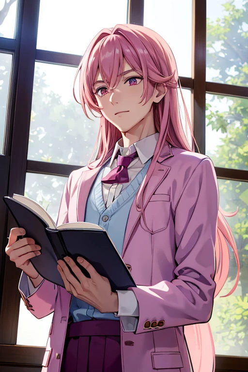 A handsome pink haired man with violet eyes with long hair in a magical student is reading by an open window