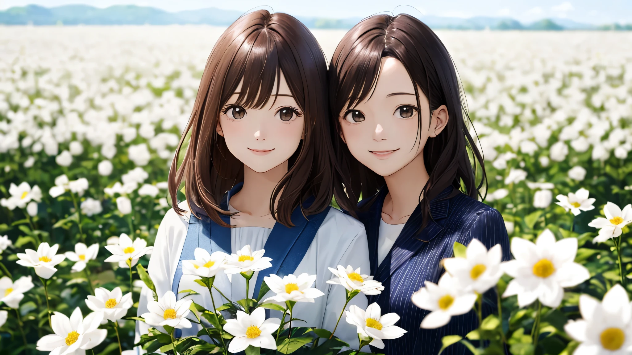 The subject appears far away、Shiraishi Mai, Looks exactly like Shiraishi Mai, A kind smile, short hair, (Female duo)、Dark brown hair, (((Only two girls))), 18-year-old, photograph, Realistic, highest quality, Detailed face, Strong sunlight, Diffused sunlight, Depth of written boundary, Bokeh (highest quality: 1.5), (masterpiece: 1.2), Watch Viewer, one piece, White Theme, Thin Blue Stripes,very wide view、In the background is a field of white flowers.、Being in a flower garden,(((Panorama:1.2))),(Bokeh),Long shot,wide view