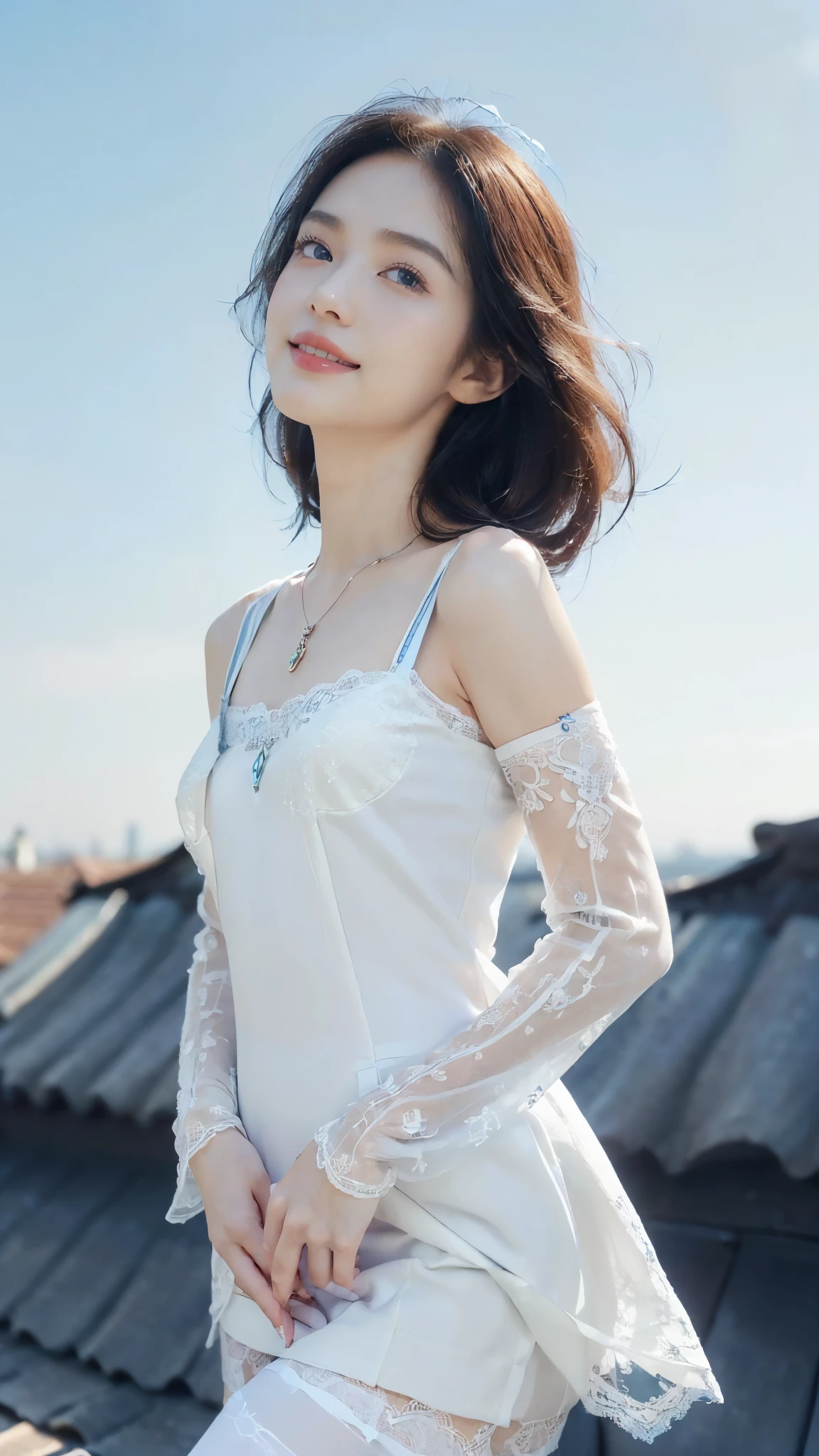 ((((8k))),((Extremely meticulous CG)) ,(wallpaper),16k,((Extremely refined and beautiful)),(((Masterpiece))),(((best qualtiy))),(((Ultra High Resolution))),beautiful light up,realistic shaded,((high resolution)),(Smooth and flawless skin:1.5),(Extremely exquisite facial details:1.2),(perfect body:1.2),(ultra-detailed),((A beautiful girl,solo)),(small head:1.2),(pale skin:1.3),(shoulder length straight bob hair:1),(small face:1.2),(Exquisite makeup:1.2),(necklace:1.2),((slim,thin)),(smile:1.2),(happy:1.2),(small breasts:1.2),(flat chests:1.2),(white lace dress:1.3),(sleeves:1.2),(stockings:1.3),(day scene:1.3),(azure sky background:1.5),(upper body:1.3),(standing on the rooftop:1.3),(arms behind back:1.2),(village scape:1.3),(from front:1.3),(spring:1.2)