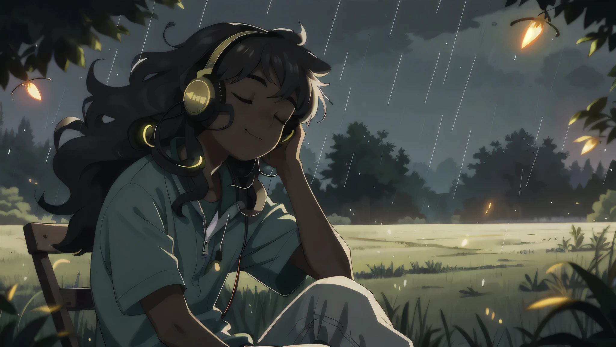 masterpiece, best quality, 1boy, outdoor, sitting, field, face, sleeping with mouth open, rain, fireflies, night, happy, dark skin, relaxing, with headphones on, long curly hair