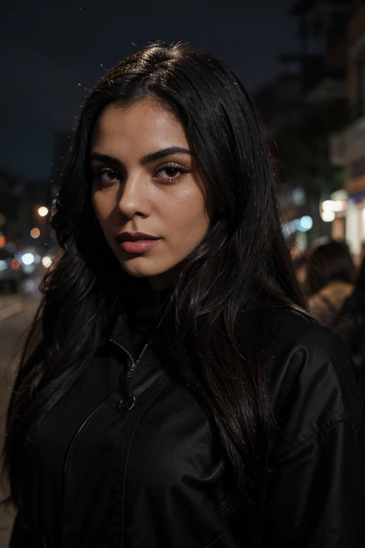 una mujer vampira de piel morena parada en la calle. fondo de noche y clima frio