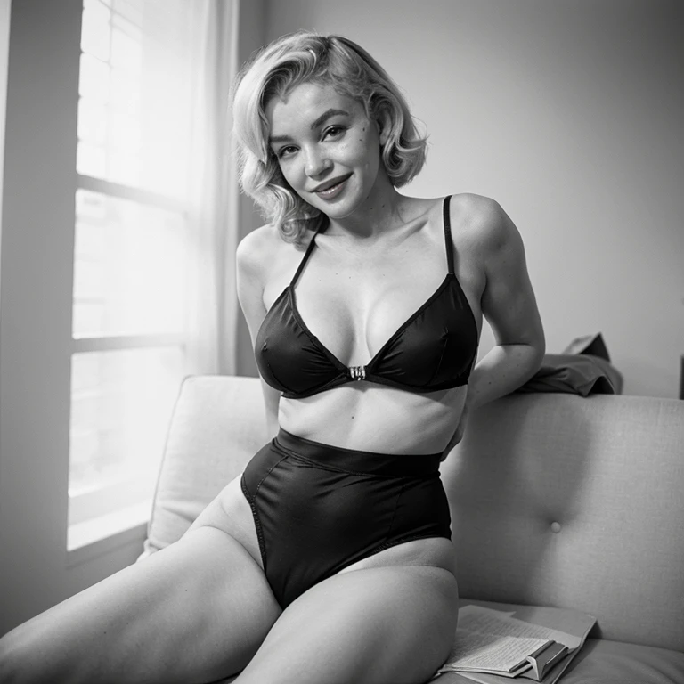 Marilyn Monroe wearing tight blouse and thong and smiling