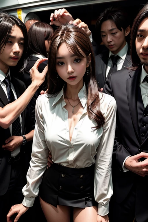 (in 8K、Raw photography、Highest Quality、realisitic、Photorealsitic、Professional Lighting、​masterpiece、extremely delicate and beautiful、Highly detailed、finely detail、ultra-detailliert、hight resolution、full-shot)、Several young men were huddled on the train、1girl in、One woman in black off-the-shoulder and miniskirt、Beautiful face:1.5、slim proportions、small tits:2、small tits、Young man in suit、Hug her from behind:1.5、Other young men flipping up skirts、Black panties are visible、Draw in clear detail whose hand it is、(((are visible)))、(((The nipple is visible)))、Eyes open:3、moaning in pain、feeling in pain、auw、Scared and crying:2、Following the pain、moaning in pain、Pain in the face frowning、I'm looking at you、On the train、(((Female office worker wearing black off-shoulder)))、