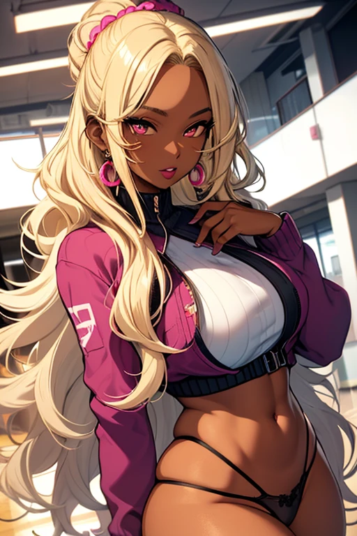 (masterpiece, best quality), 1girl, Miss, Tall, Fit, Square Face, Dark Skin, blonde Hair, pink Eyes, Straight Nose, full Lips, Receding Chin, Long Hair, Wavy Hair, gyaru hair, highlights in hair, full , earrings, lipstick, gyaru, pantiesnice hips, indoors, (vibrant colors),
