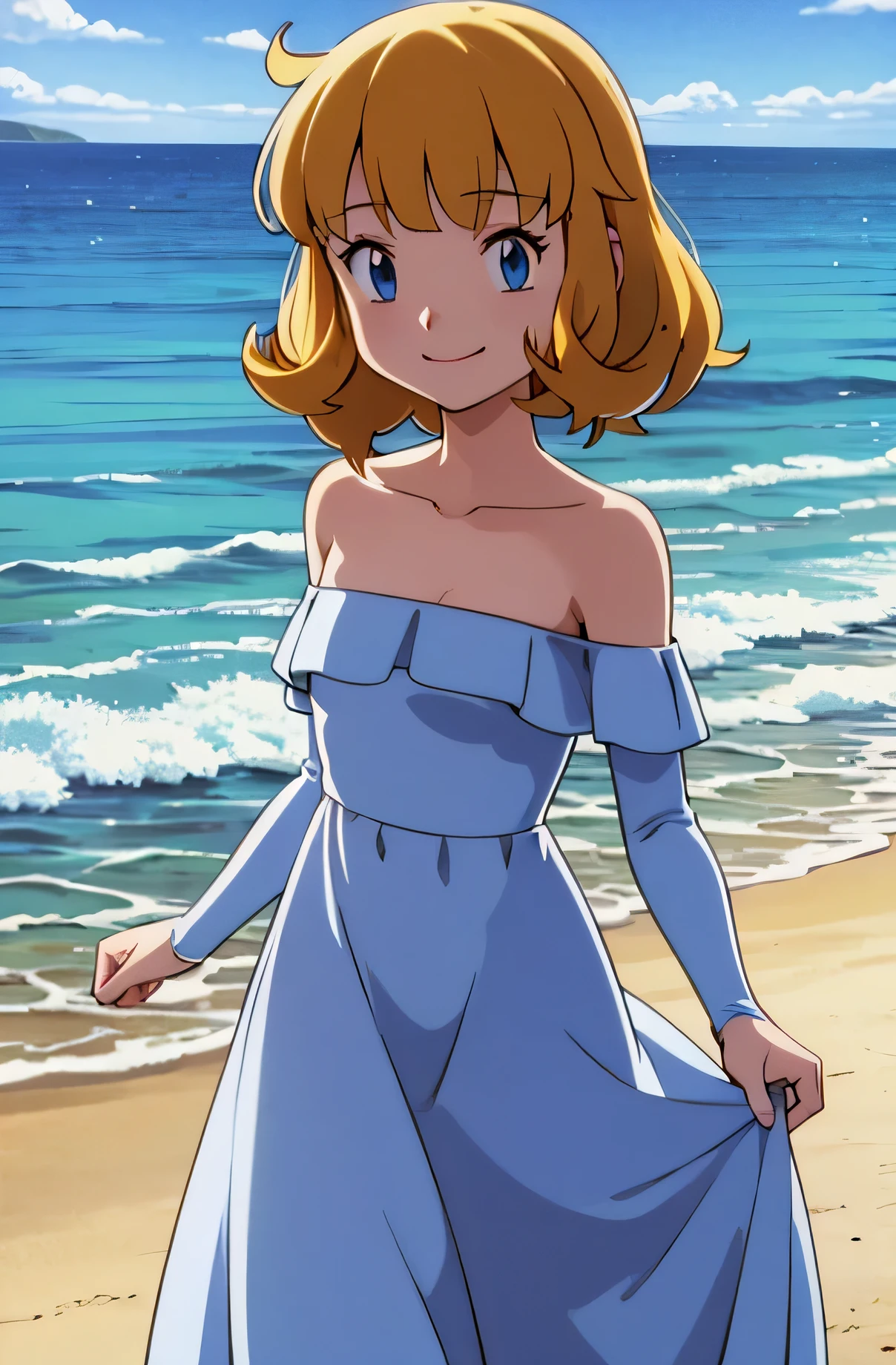 pokemovies, sugimori ken, ken sugimori ken \(style\), anime screencap, masterpiece, best quality, highres, outdoors, small breasts, 1 girl, Solo, Blue Eyes, Beautiful Detail Eyes, Blonde Medium Hair, Short Hair, Bangs, Good hands are down, Smile, Blushing, Bare Neck, Bare Shoulders, strapless, White Ruffle Off-the-Shoulder maxi dress. Cowboy shot. A landscape of the beach, blue skies, sand beach. In the center. Walking on the beach. Far from the bottom, looking at viewers