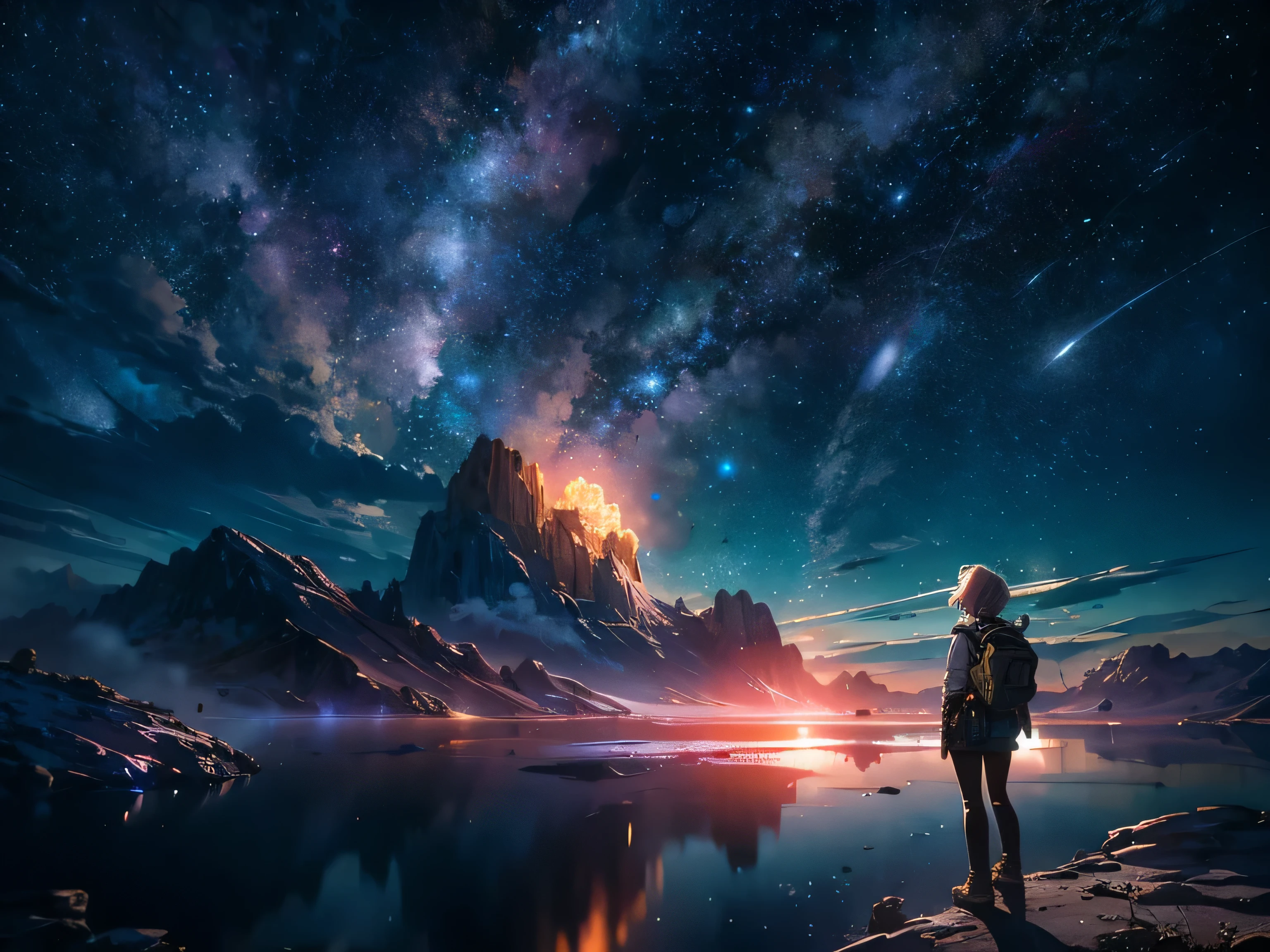 Draw a young female programmer, standing on a research platform floating in the middle of an asteroid belt, turn her front on viewers , from behind,surrounded by several spaceships glowing with fiery auras BREAK Dramatic lighting from distant stars and planets illuminates the scene, casting deep shadows on the suit, looking at the vast and mysterious universe with wonder and respect,BREAK,Detailed,Realistic,4k highly detailed digital art,octane render, bioluminescent, BREAK 8K resolution concept art, realism,by Mappa studios,masterpiece,best quality,official art,illustration,ligne claire,(cool_color),perfect composition,absurdres, fantasy,focused,rule of thirds