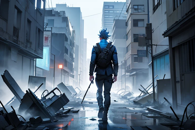 make me a survivor man with his back turned away in the middle of a devastated and destroyed city without people with small shades of blue