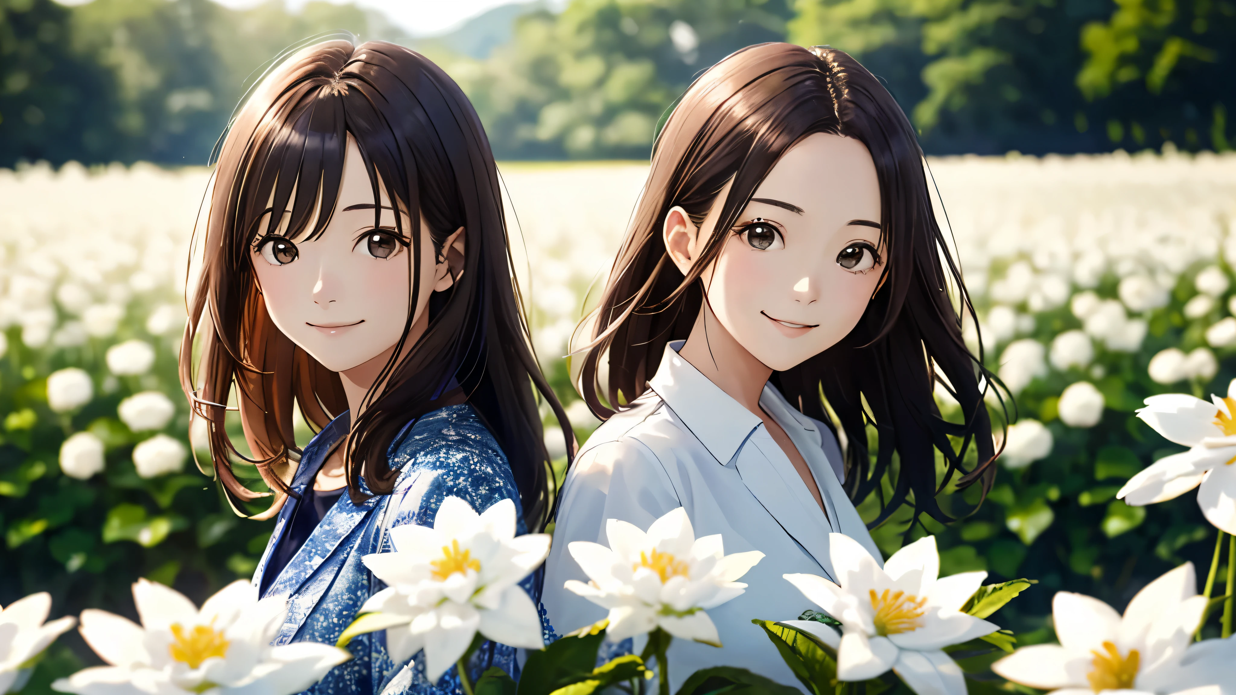 The subject appears far away、Shiraishi Mai, Looks exactly like Shiraishi Mai, A kind smile, short hair,  (Female duo)、Dark brown hair, (((Only two girls))), 18-year-old, photograph, Realistic, highest quality, Detailed face, Strong sunlight, Diffused sunlight, Depth of written boundary, Bokeh (highest quality: 1.5), (masterpiece: 1.2), Watch Viewer, one piece, White Theme, Thin Blue Stripes,very wide view、In the background is a field of white flowers.、Being in a flower garden,(((Panorama:1.2))),(Bokeh),Long shot,wide view