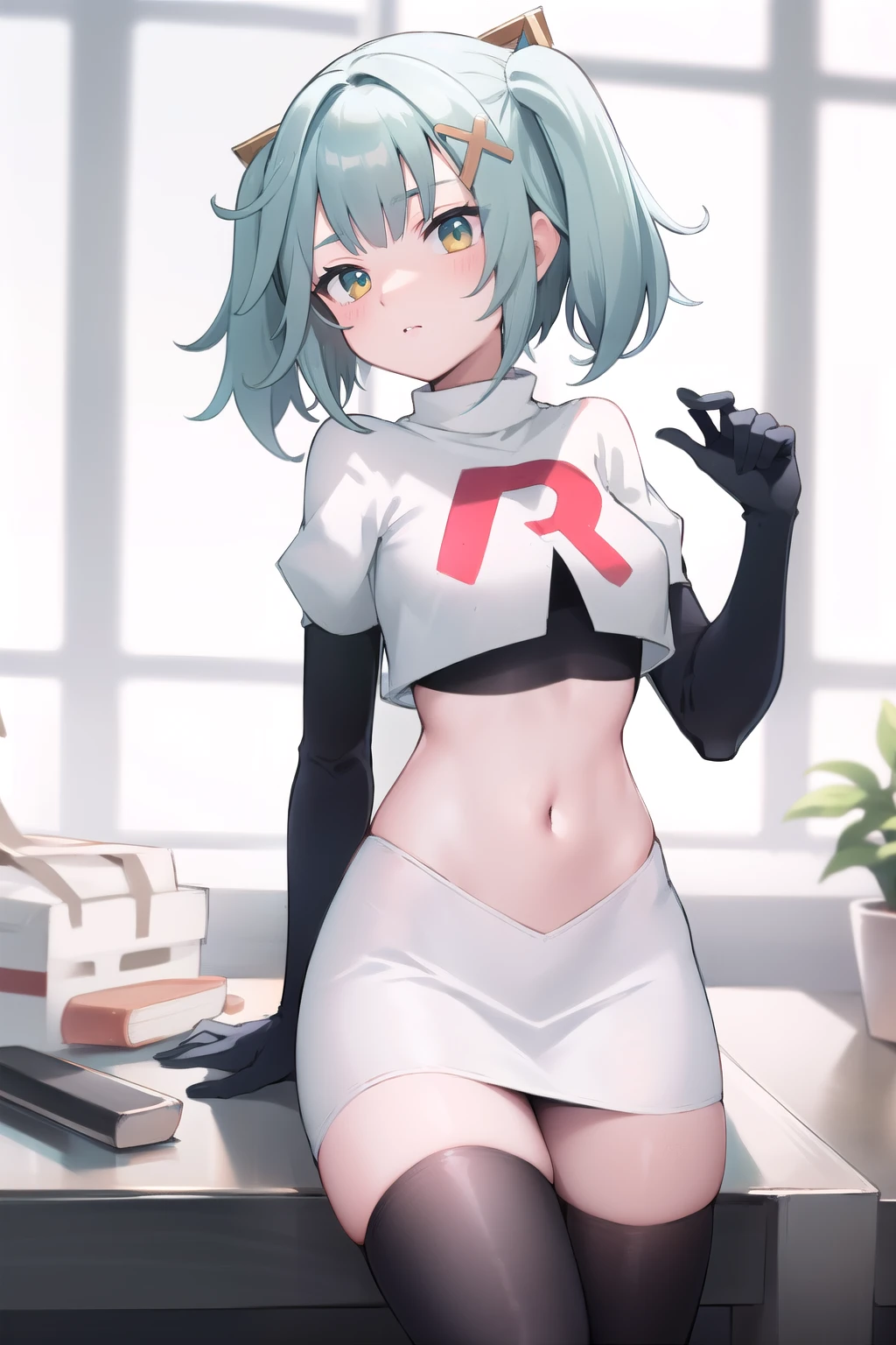 faruzandef, blush, short hair,twin ponytails, team rocket,team rocket uniform,white skirt,red letter R,crop top,black thigh-highs,black elbow gloves