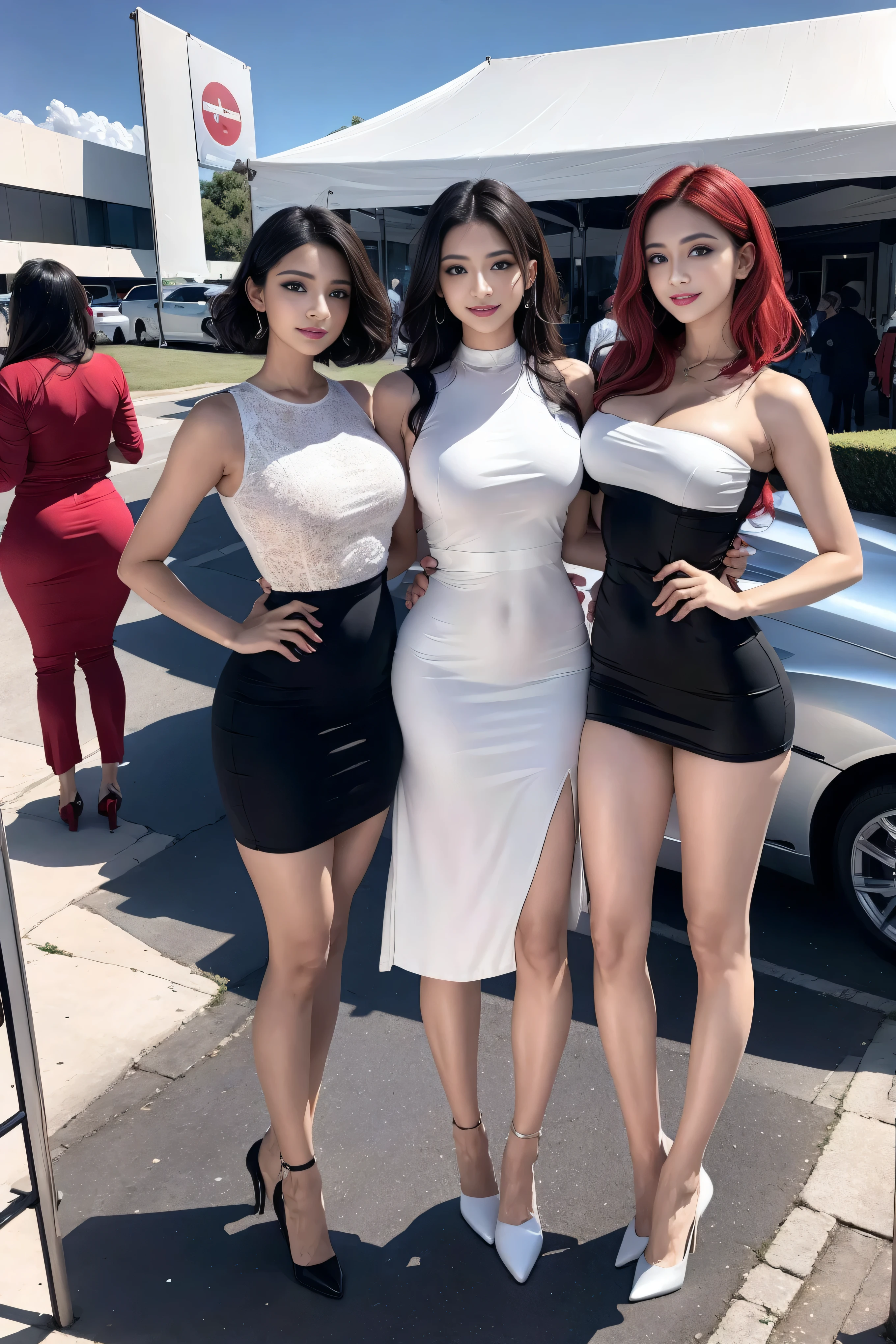Three women in short dresses posing for a picture in front of a car ...
