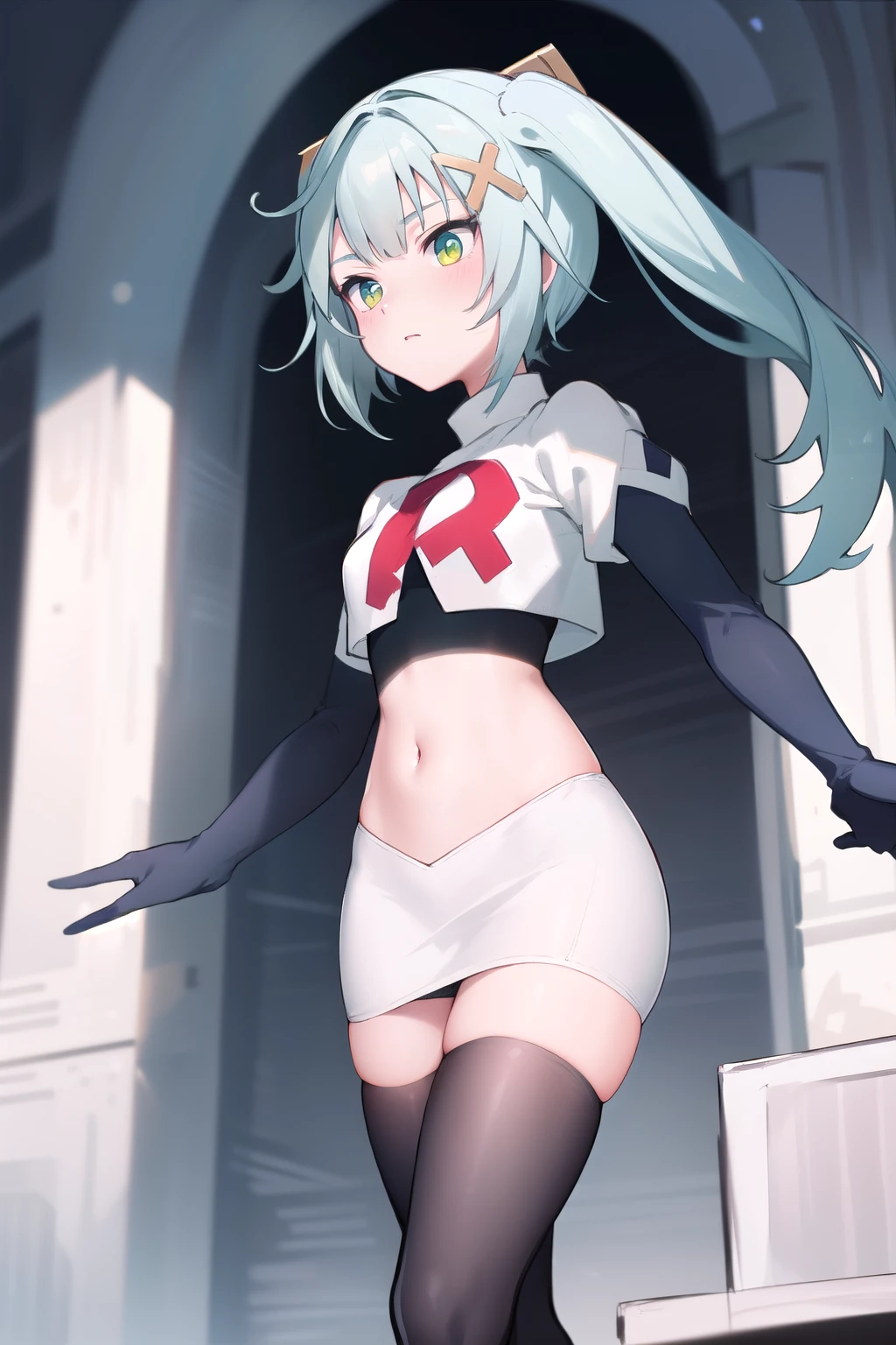 faruzandef, blush, short hair,twin ponytails, team rocket,team rocket uniform,white skirt,red letter R,crop top,black thigh-highs,black elbow gloves