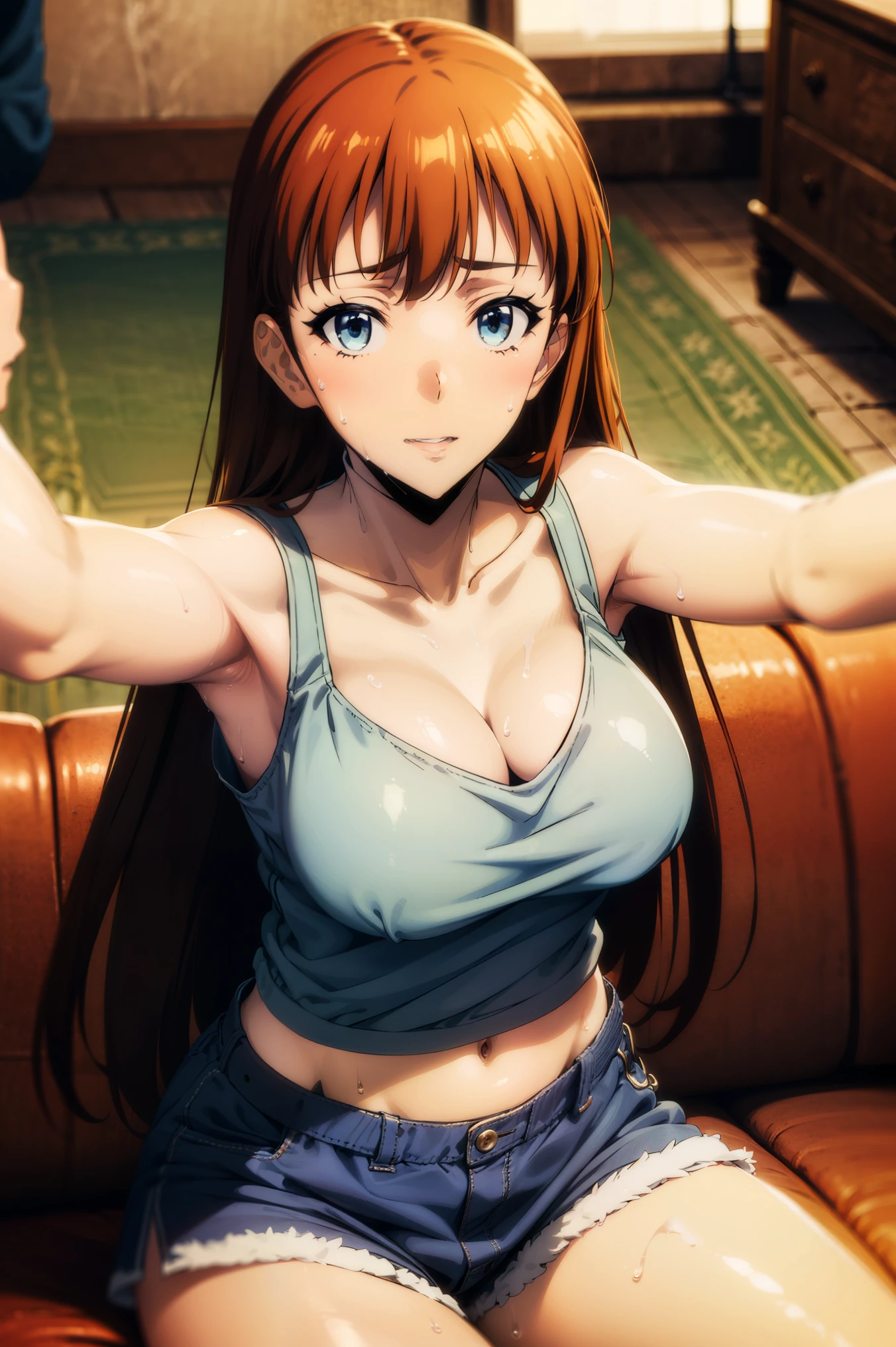 1girl, solo,underwear, navel, breasts, realistic, long hair,, lips, looking at viewer, brown hair, collarbone, ,blue eyes, sitting in a sofa, cowboy shot, smiling,sweaty body, legs open wide, dynamic pose, sweaty armpits, indoors, looking at viewer, embarrassed, camisole, dolphin shorts, slim waist, watching tv