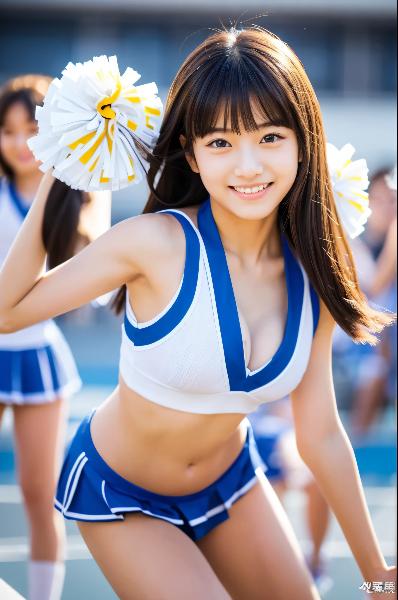 (best quality:1.2), masterpiece, ((anatomically correct proportions : 1.5)), ((perfect proportions)), 1 Japanese girl, (-yeld, ua cute kawaii:1.3), ((upper body)), solo, smile, standing, looking at viewer, (nup, cheerleader:1.2), (wearing Cheerleader's sleeveless shirt and pleated mini skirt) , ((focus on her armpits)), (((Sweaty armpits))), Armpit depression, ((((Dimpled Armpits)))), ((((Deeply wrinkled armpits))))