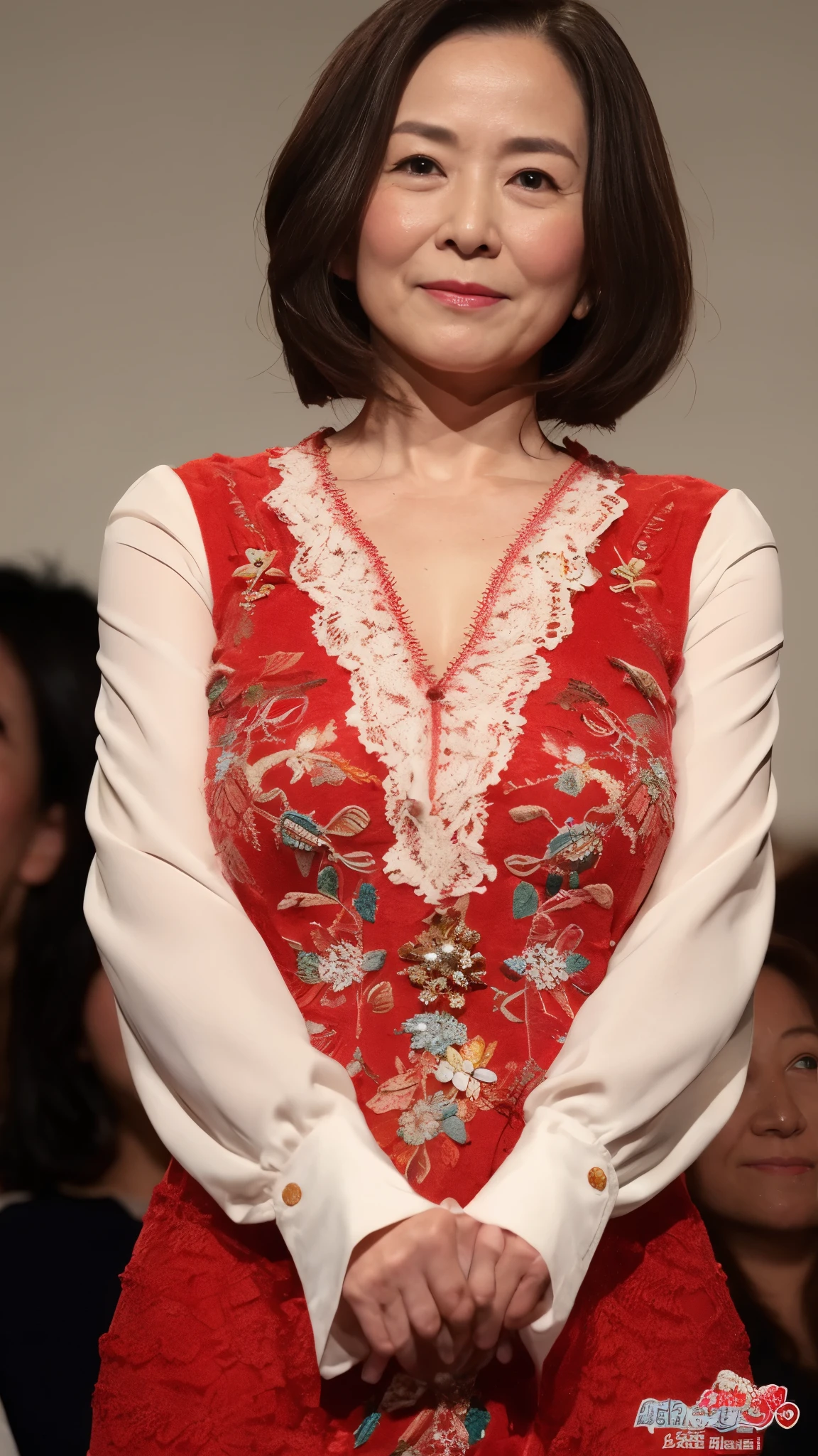 Gray background、(Blue Eye Shadow)、Red lipstick、(Sexy look)、Thighs、Pointy nipples、The wind is messing up my hair、pubic hair、濃いpubic hair、Large Breasts、Red Earrings、smile、White floral dresini skirt、Looking from below
