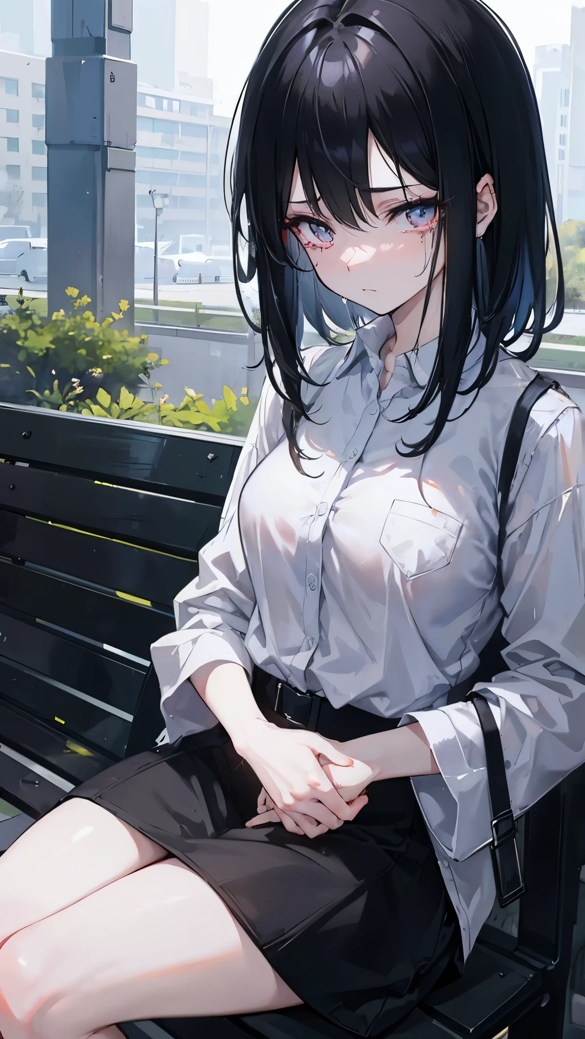 Girl1, black hair, black hair, asymmetrical hair, bangs, crying, pain, crying with eyes open,Sitting on a chair in a park, glowing eyes, Surrealism, anime style, cinematic lighting, 8k, super detail, high quality, high details, super detail, textured skin, 1080P
