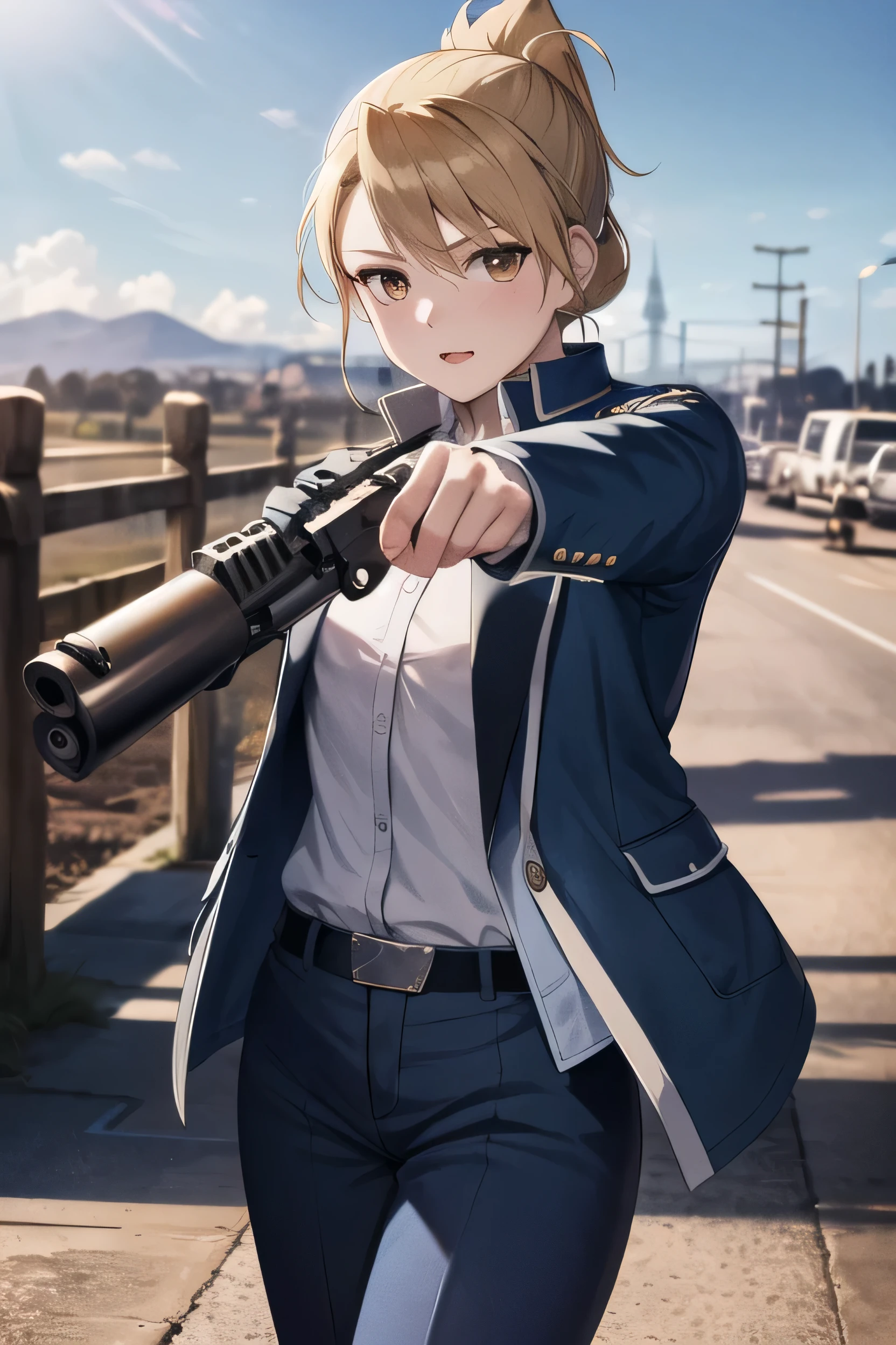 masterpiece, highest quality, High resolution, One girl, Folded ponytail, Brown eyes, Medium chest, uniform, Blue jacket, Blue pants, Are standing, Cowboy Shot, Outdoor, View your viewers,Holding a Pistol, Pistol, Browning M1910, ((Holding a Pistol)), masterpiece, Detailed Shadows, Detailed light, Very detailed,((Pointing a gun at the viewer)),Possession of a gun, 