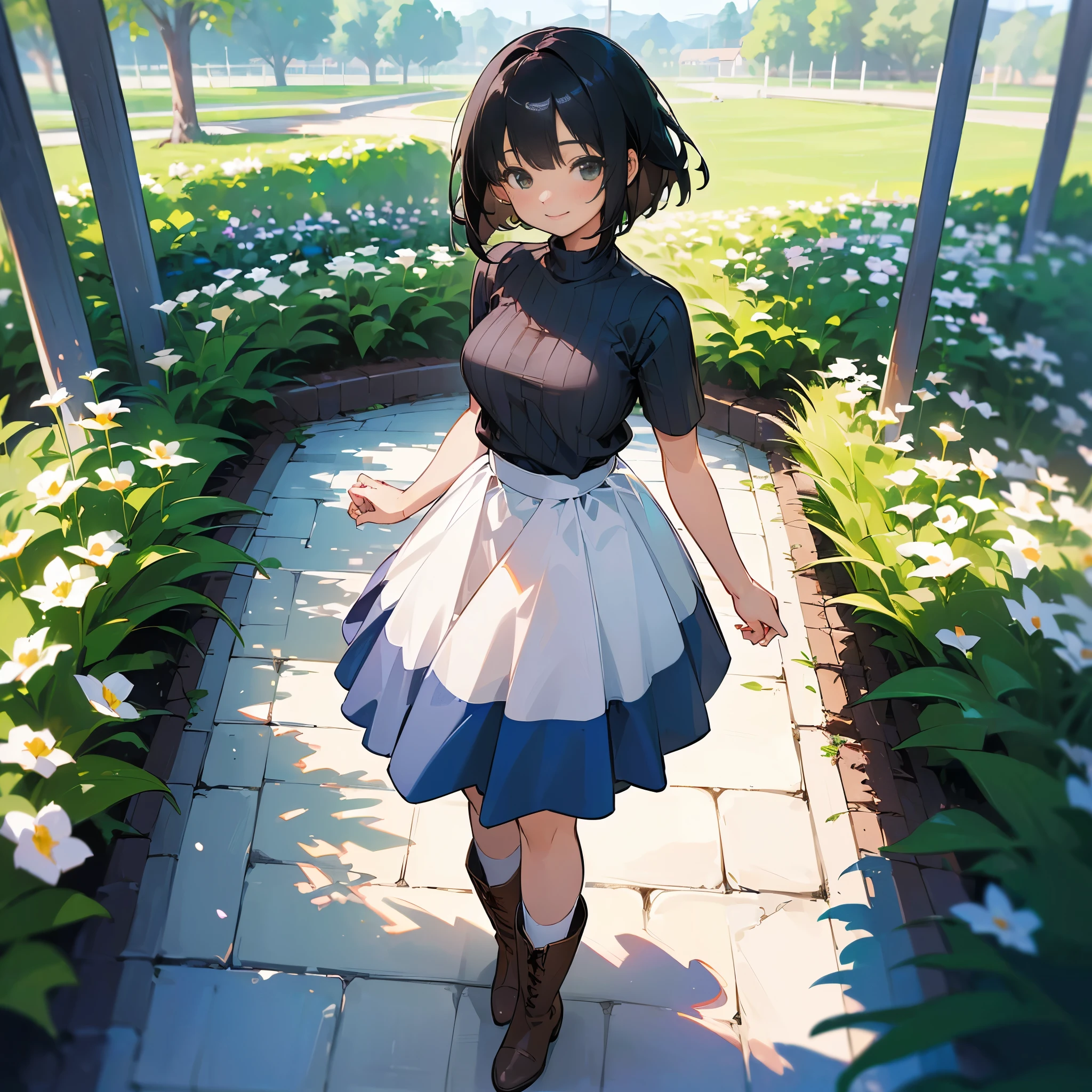 (high quality, High resolution, Very detailed, reality:1.37), Peaceful atmosphere, (Outdoor, garden), teenage girl standing alone, (my breasts are big.), Beautiful detail features, Cute Smile, (Black bob hair), Short sleeve ribbed sweater, Blue Skirt, White socks, Brown boots.
