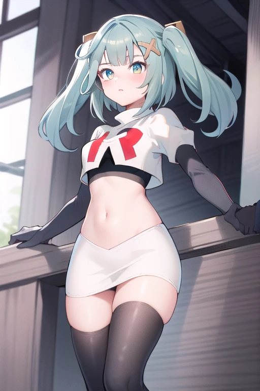faruzandef, blush, short hair,twin ponytails, team rocket,team rocket uniform,white skirt,red letter R,crop top,black thigh-highs,black elbow gloves