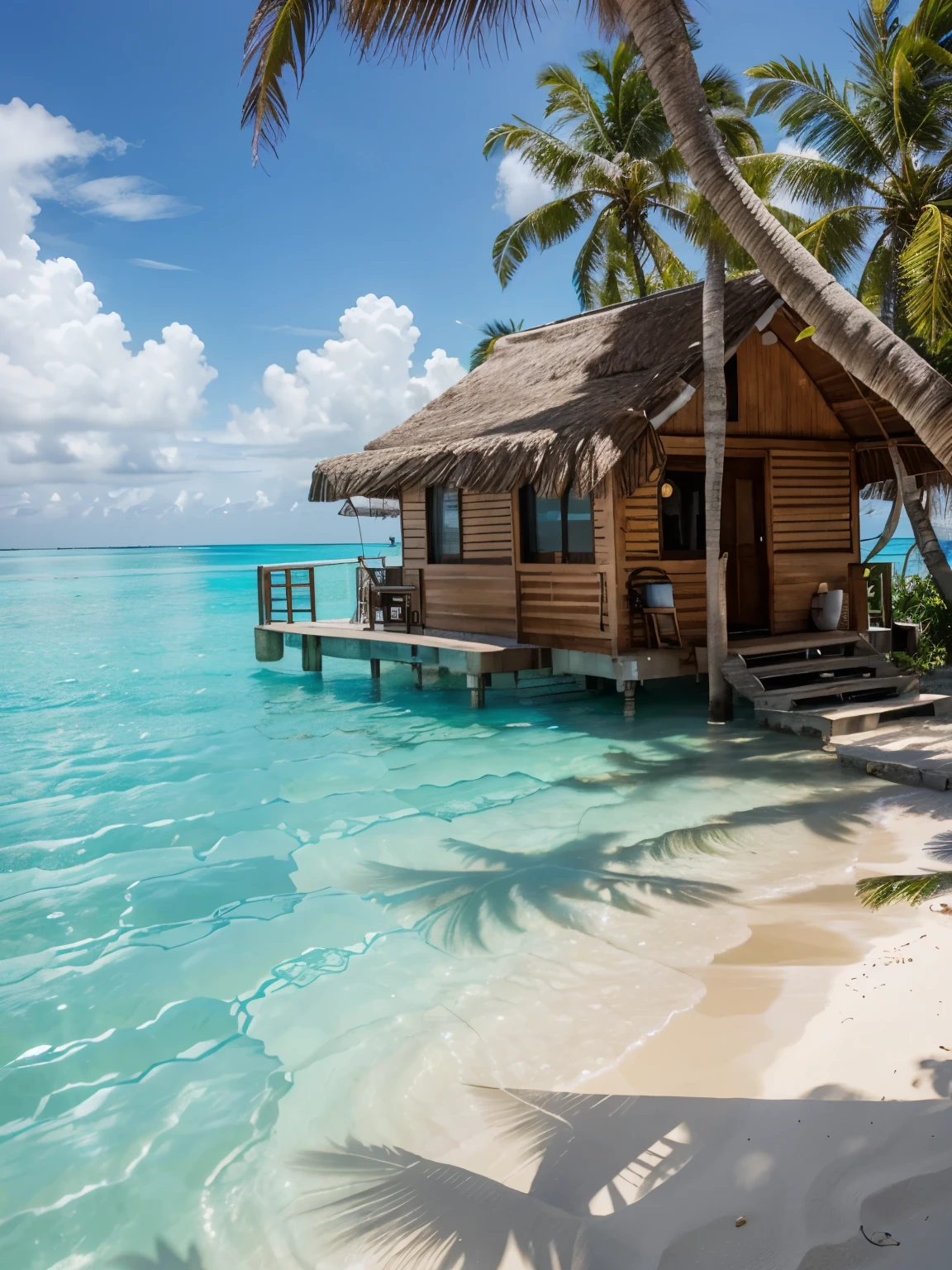 french polynesian beach, beach, crystal clear water, completely transparent water, beach hut on the sea, homemade beach huts, palm trees,