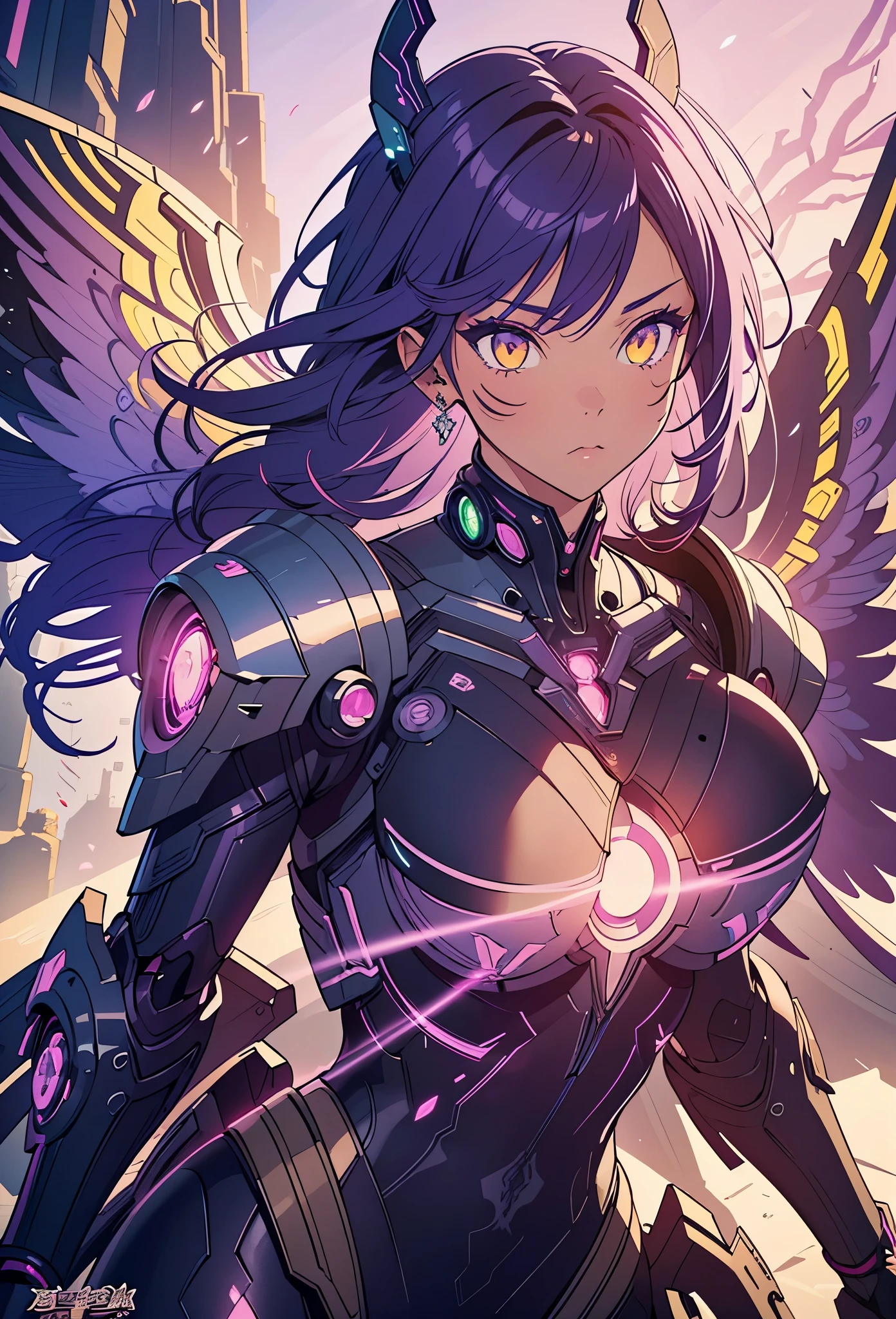 The most beautiful and sexy cyberpunk girl, purple hair, yellow eyes, dark skin, wearing highly detailed futuristic battle armor, futuristic mechanical angel wings, glowing neon halo, tons of tattoos and piercings, cherry blossoms blowing in the wind, highly detailed background, perfect masterpiece, high quality, high resolution