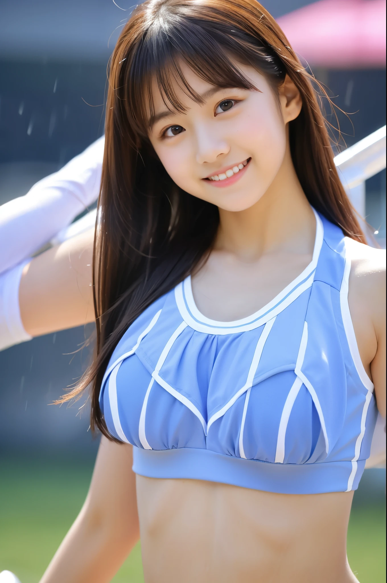 masterpiece、超High resolution、Great job!、She has a very cute face and a young figure like an idol.々A -yeld Jaese girl with unique features、Gentle and cute、A kind smile、She is at school　Cheerleading Team、Cheerleader uniforms are bikini style and expose cleavage、Medium size bust、whole body、Cheerleading practice in the rain　RAW Photos、Genuine、High resolution、Life、No copyright notice