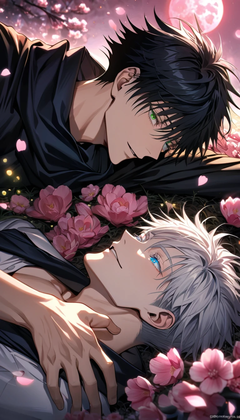 Ultra detailed, highres, absurdres, HDR, Fushiguro Megumi, black hair, green eyes, Gojou Satoru, white hair with bangs, blue eyes, white eyelashes, Jujutsu Kaisen, pink flowers, petals, fireflies, pink moon, 2 sexy men together, gay couple, handsome, very detailed face and eyes, black scarf, white haori, tone chest, love, lying down, happy,