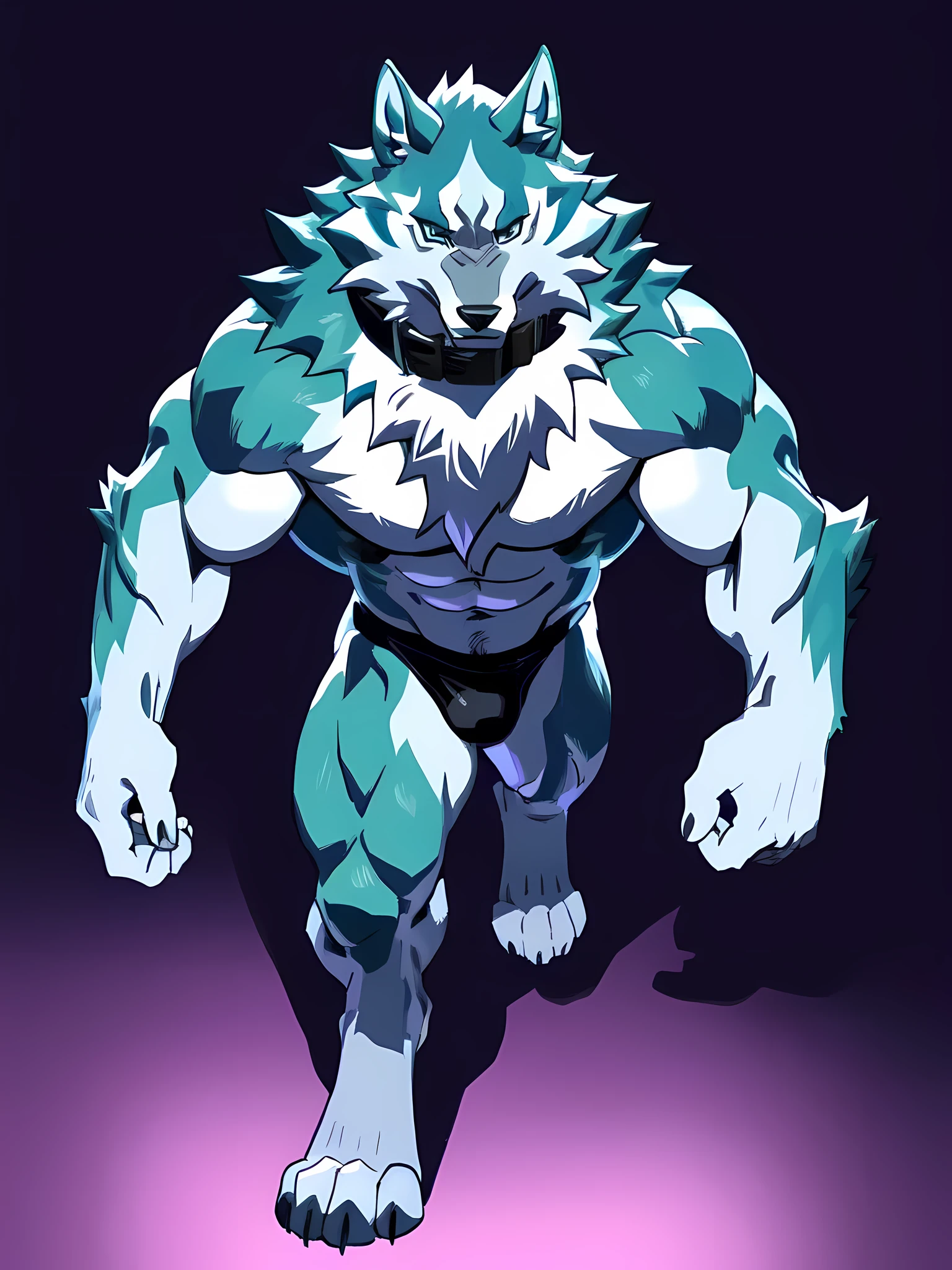 shirou_ogami, shirou_BNA, masculine, male, quadruped, feral, very muscular:2.0, heavyweight, very defined muscles:1.5, pectorals:2.0, muscular forelegs, muscular hindlegs, wide chest, muscular chest:2.0, negger style, taran fiddler style, detailed eyes, night background, proud, serious expression, full body, wolf feet, big collar, high resolution, best quality, detailed collar, black underwear