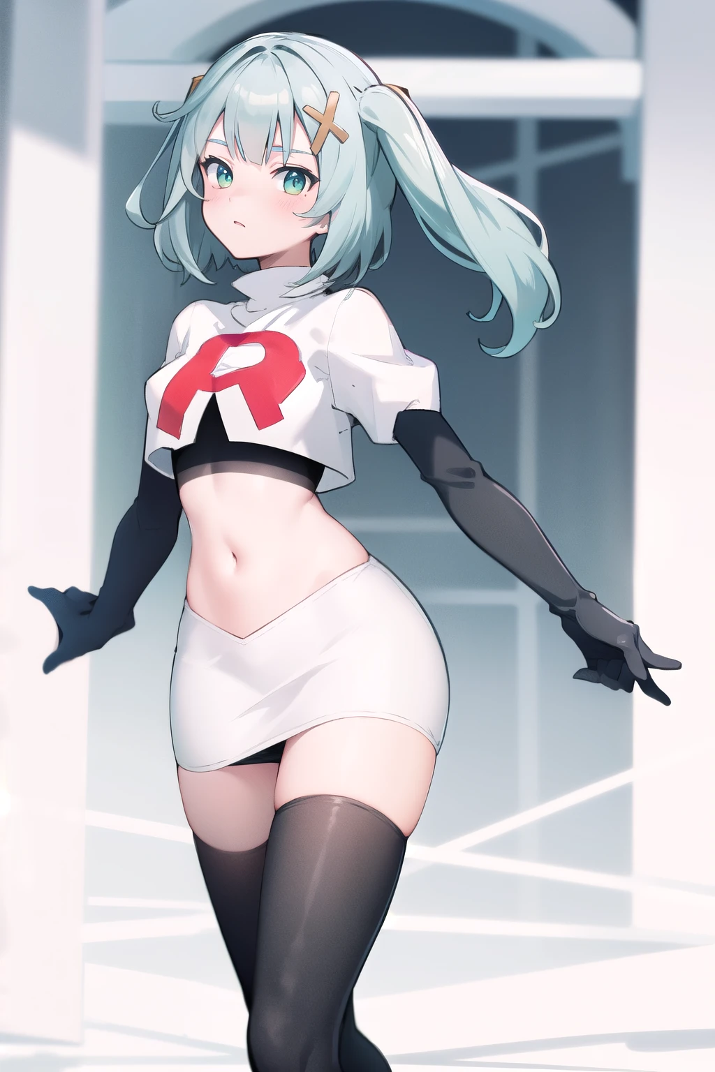 faruzandef, blush, short hair,twin ponytails, team rocket,team rocket uniform,white skirt,red letter R,crop top,black thigh-highs,black elbow gloves