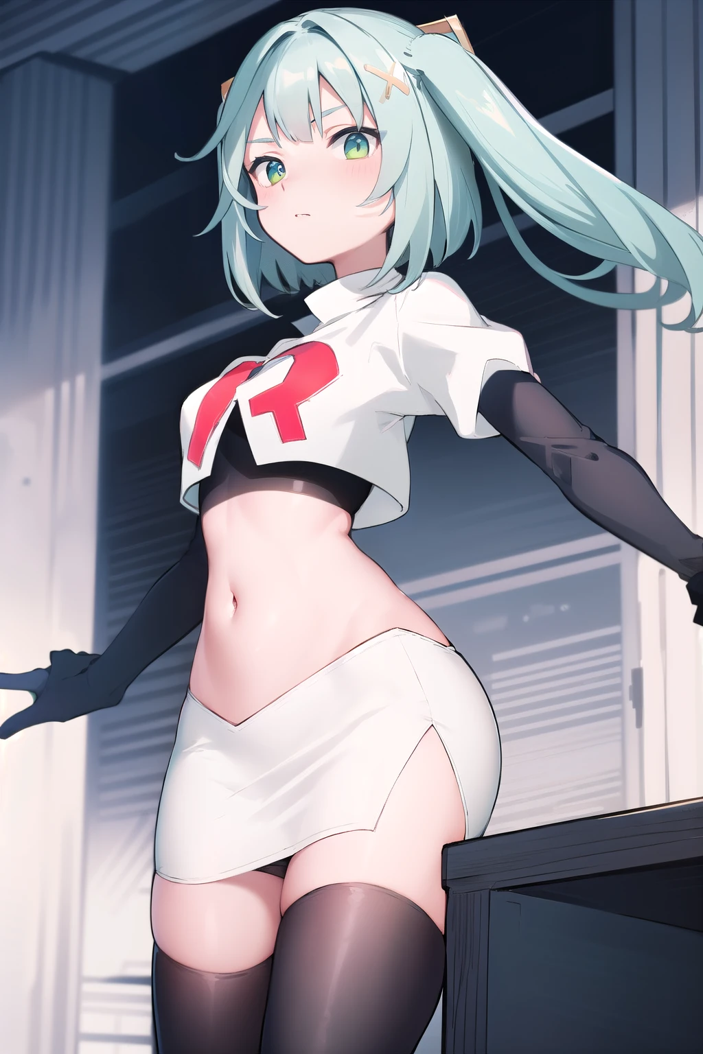 faruzandef, blush, short hair,twin ponytails, team rocket,team rocket uniform,white skirt,red letter R,crop top,black thigh-highs,black elbow gloves