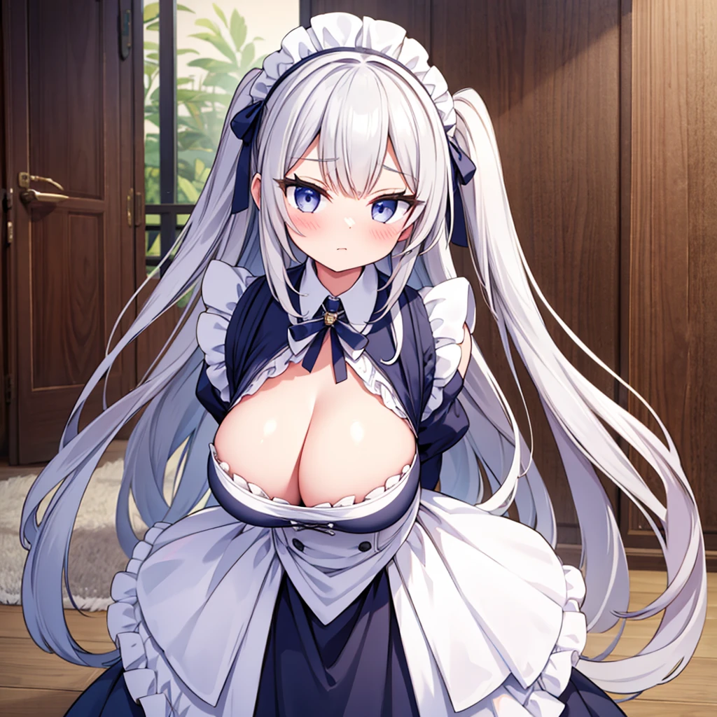  low angle, one person, best quality, Long Hair, silver hair, maid, enormous tits, morning light, blush, ecstasy