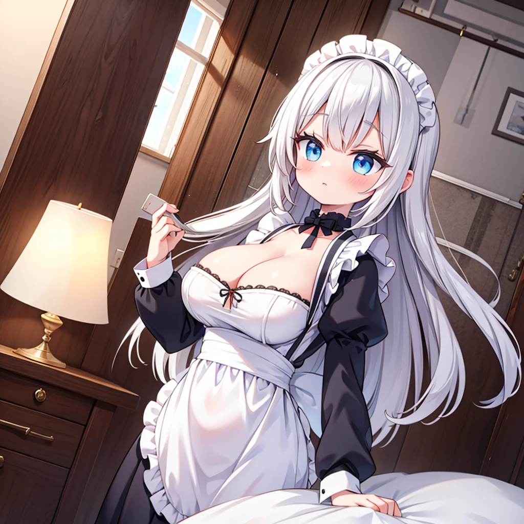 low angle, one person, best quality, Long Hair, silver hair, maid, enormous tits, morning light, blush, ecstasy