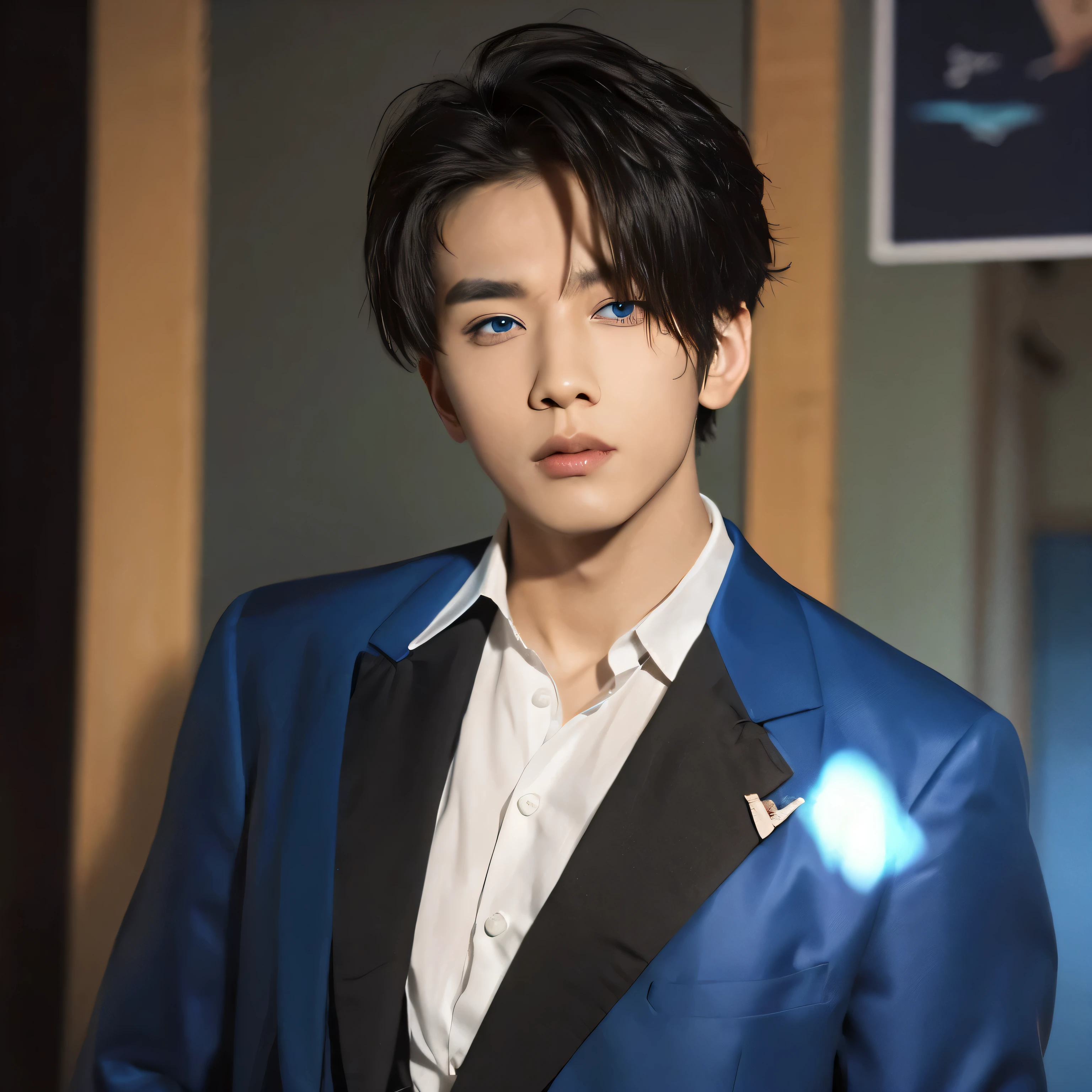 male, 8k, Complex, elegant, Very detailed, Majestic, anime, Surreal painting, kind, (masterpiece, Landscape, Narrow and beautiful eyes: 1.2), High resolution, (Bright Blue Eyes)), ,Black suit,No tie, good looking, Kind, Smiling at me with a kind smile, looking at the camera
