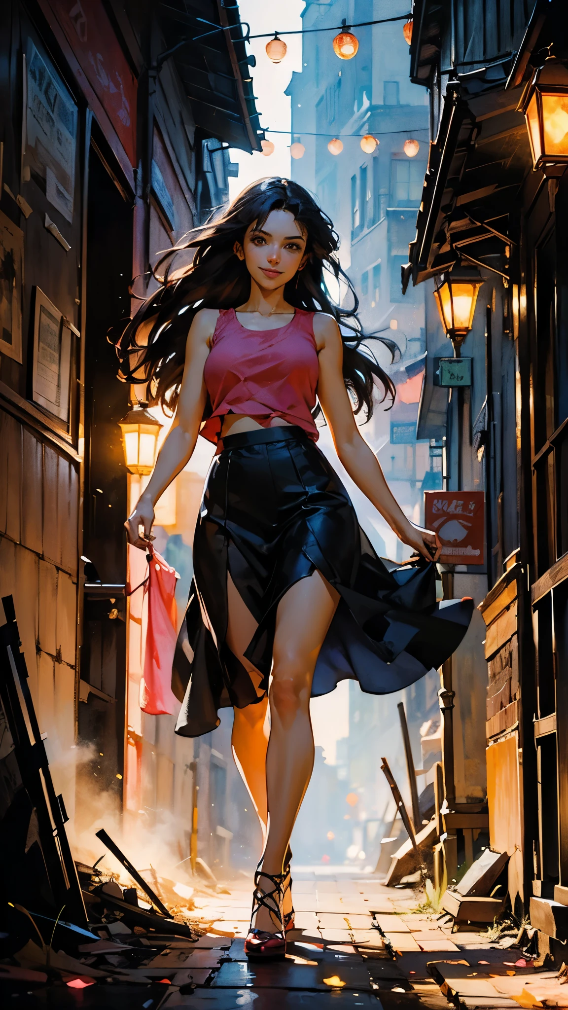 (8k, best quality, masterpiece:1.2),(best quality:1.0), (ultra highres:1.0), watercolor, a beautiful woman, shoulder, beautiful eyes, sexy smile, long dark hair, pink tank top, hair ribbons, by smeglejj, inspired by drew struzan, 1980’s action movie poster, long legs, action spinning twirl, half body portrait, extremely luminous bright design, flying light particles, crimson red pastel colors, (ink:1.3), dark neon alley lights, inspired by ghibli anime