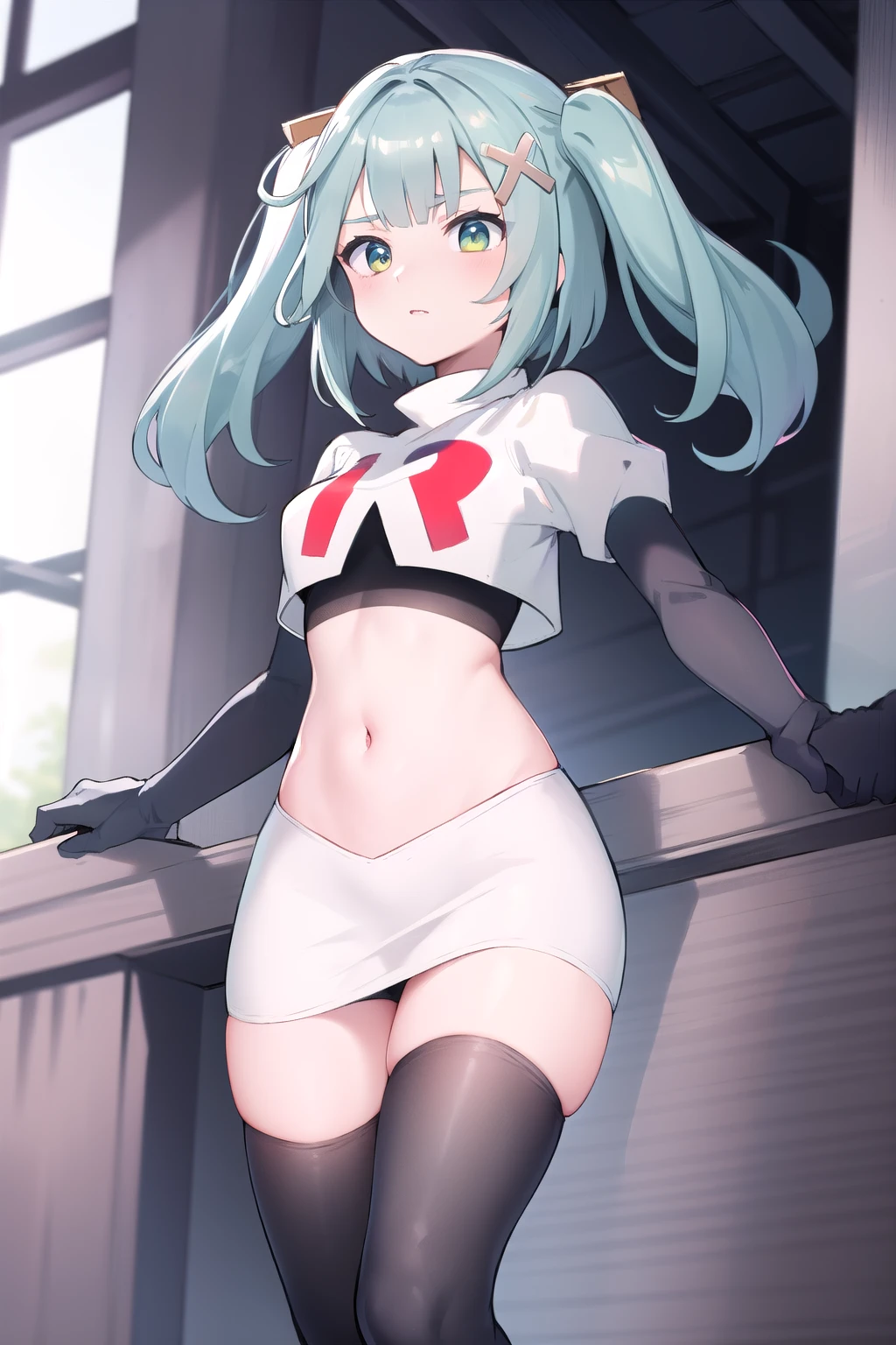 faruzandef, blush, short hair,twin ponytails, team rocket,team rocket uniform,white skirt,red letter R,crop top,black thigh-highs,black elbow gloves