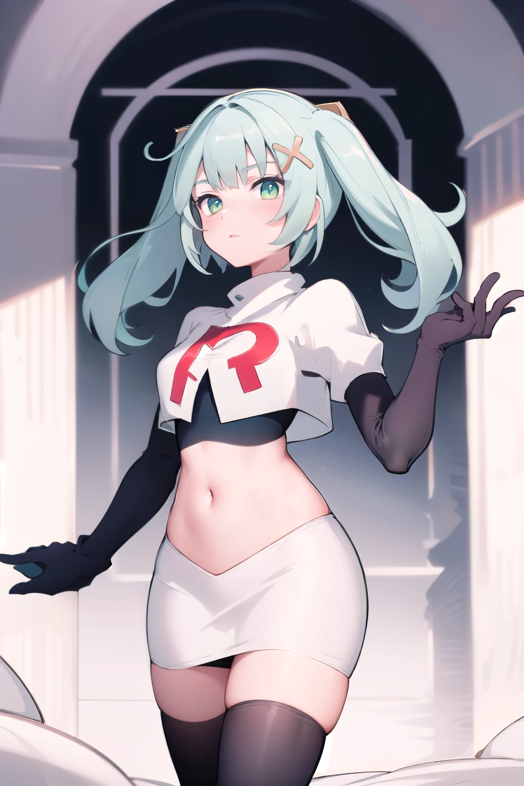 faruzandef, blush, short hair,twin ponytails, team rocket,team rocket uniform,white skirt,red letter R,crop top,black thigh-highs,black elbow gloves