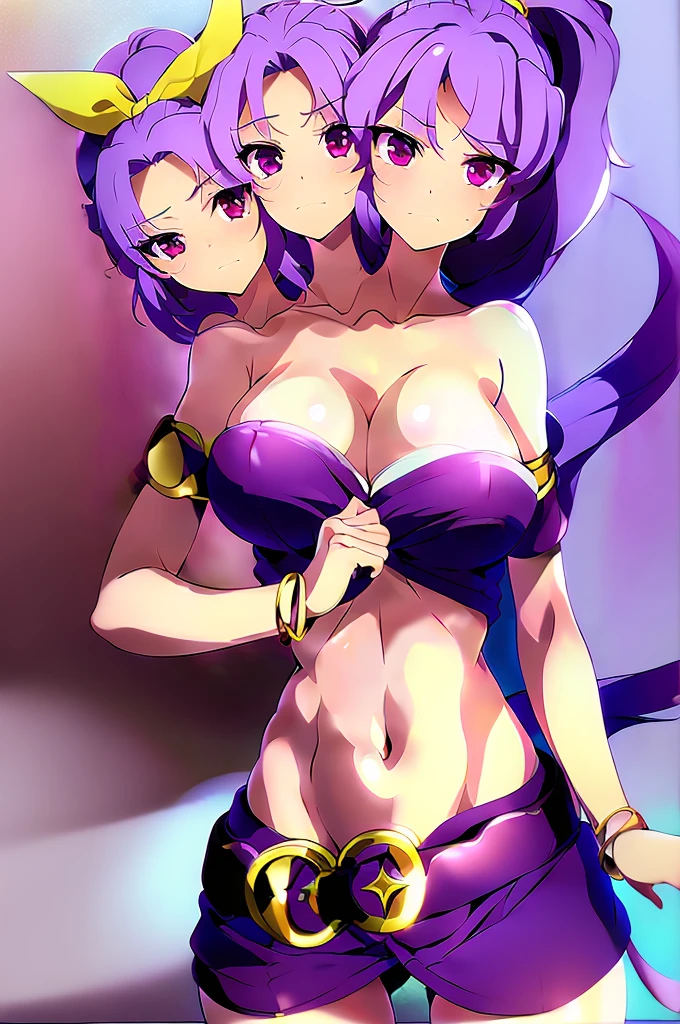 (masterpiece, best quality), best quality, (ultra-detailed), (3heads:1.5), 1girl, (watatsuki no yorihime:1.3), masterpiece, best quality, ultra quality, ultra resolution, ultra detail, dark red top, small crop top, ((stomach)), midriff, ((groin)), open midriff, dark red skirt, miniskirt, normal ears, shackles, light purple hair, tied into a ponytail, very long hair, wavy hair, sidelocks, purple eyes, parted lips, sweat, cute, open belly, toned belly, hand on own chest, eyelashes, (24 year old woman:1.3), (masterpiece:1.5), (best quality:1.5), (beautiful detailed), extremely detailed CG, extremely delicate and beautiful, depth of field, (finely detailed face), (perfect details:1.2), (mature female:1.3), wide pelvis, slender, large veiny breast, 16k resolution, highres, very high quality, very high definition, extremely detailed, masterpiece, light purple hair, long hair, alluring presence, braid, short skirt, close up, big tits, young, white bonnet, red bow, open belly, midriff, nsfw,