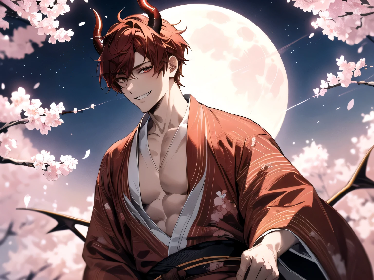 Impressive,((Dynamic Angle)),masterpiece,male,one person,Upper Body, Face close-up,Short Red Hair, Has demon horns on his head,tooth,Bright atmosphere, smile,Brown skin, Dressed in a kimono and barefoot,One light butterfly,Night Full Moon,Cherry Blossoms at Night