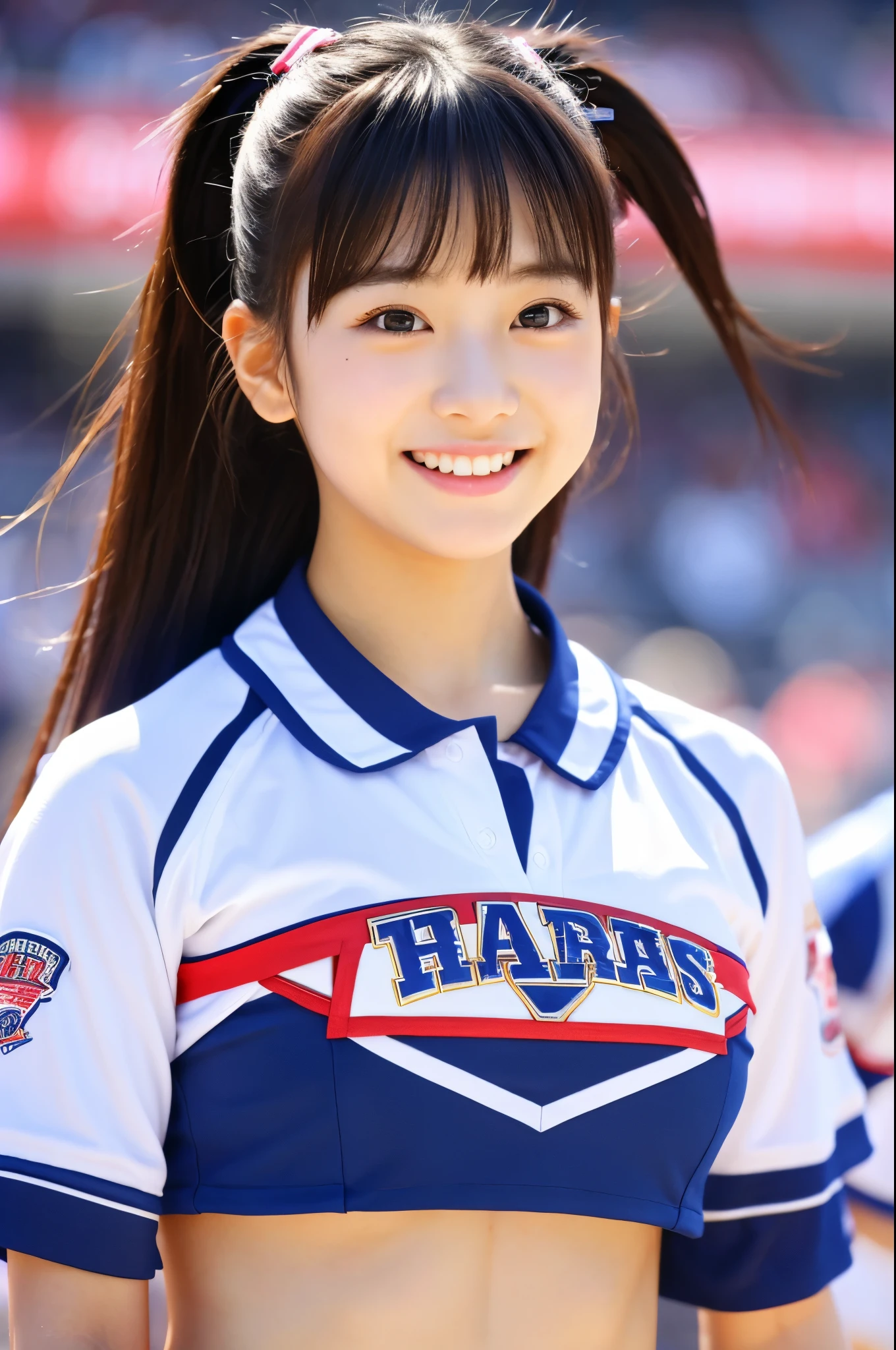 masterpiece、超High resolution、Great job!、She has a very cute face and a young figure like an idol.々A -yeld Jaese girl with unique features、Gentle and cute、A kind smile、She is at school　Cheerleading Team、Cheerleader uniforms are bikini style and expose cleavage、Medium size bust、whole body、Cheering at a baseball game　RAW Photos、Genuine、High resolution、Life、No copyright notice