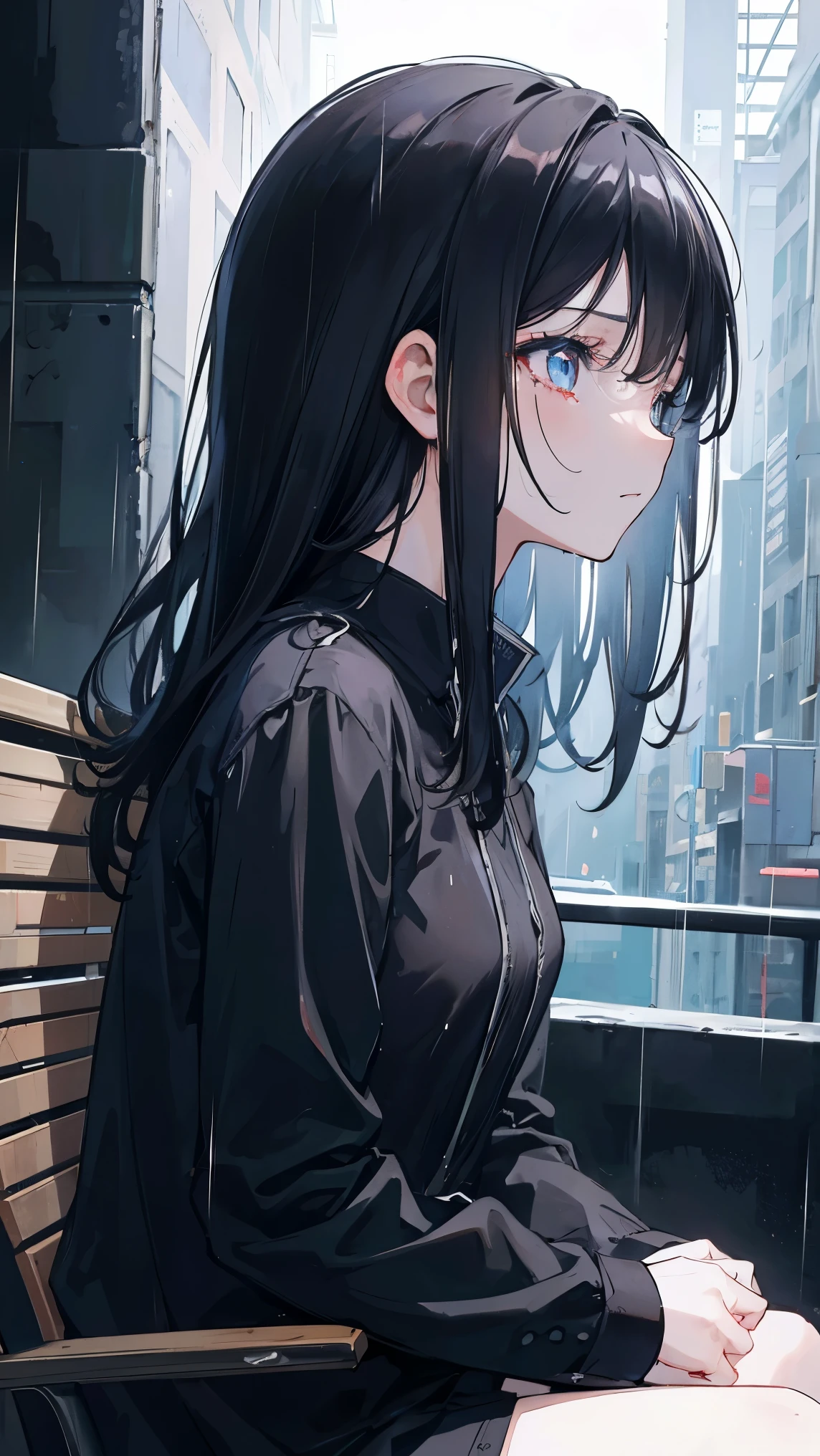 Girl1,from the side,wet hair,the rain, black hair, black hair, asymmetrical hair, bangs, pain, crying with eyes close,Looking upward wiht eyes close,Sitting on a chair in a park, Surrealism, anime style, cinematic lighting, 8k, super detail, high quality, high details, super detail, textured skin, 1080P