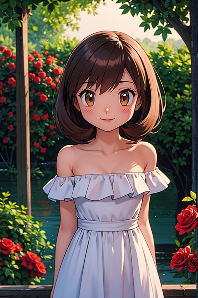 masterpiece, best quality, ultra-detailed, illustration, beautiful detailed eyes, very detailed illustration, cinematic lighting, 1 girl, solo, Pokemon Heroes (Bianca), Brown Hair, brown eyes, bare shoulders, strapless, off shoulders, white ruffle off the shoulder maxi dress, intricate details, sharp focus, high resolution, the background of beautiful garden with rose bushes, on a beautiful night, crescent moon, smile, standing near a lake, arms behind back, anime style, ultra-detailed, hdr, far at the bottom, in the center, Close up