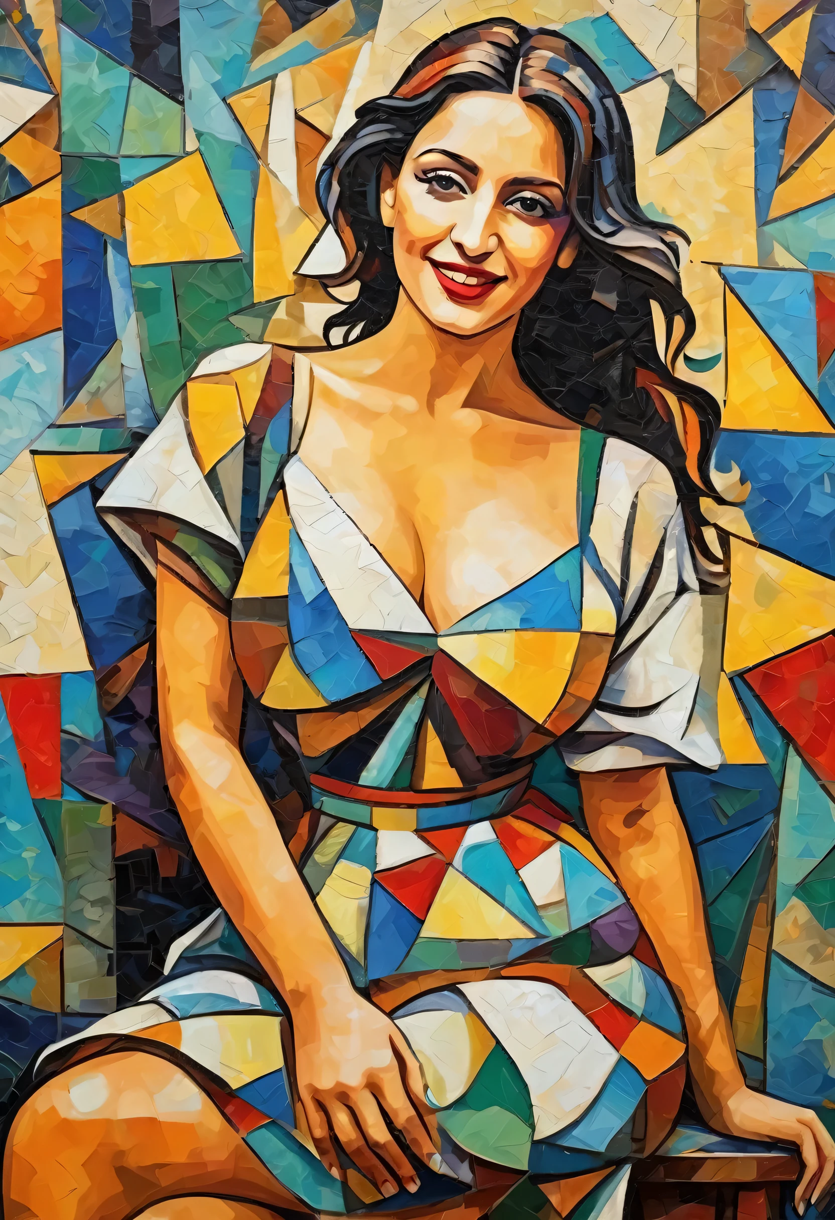 pop music、a beatiful and happy women、Picasso-style abstract painting、Scrape Art、cubism、Irregular mosaic art, Antique clothing, Ultrarealismo, 8K, fullbody image,