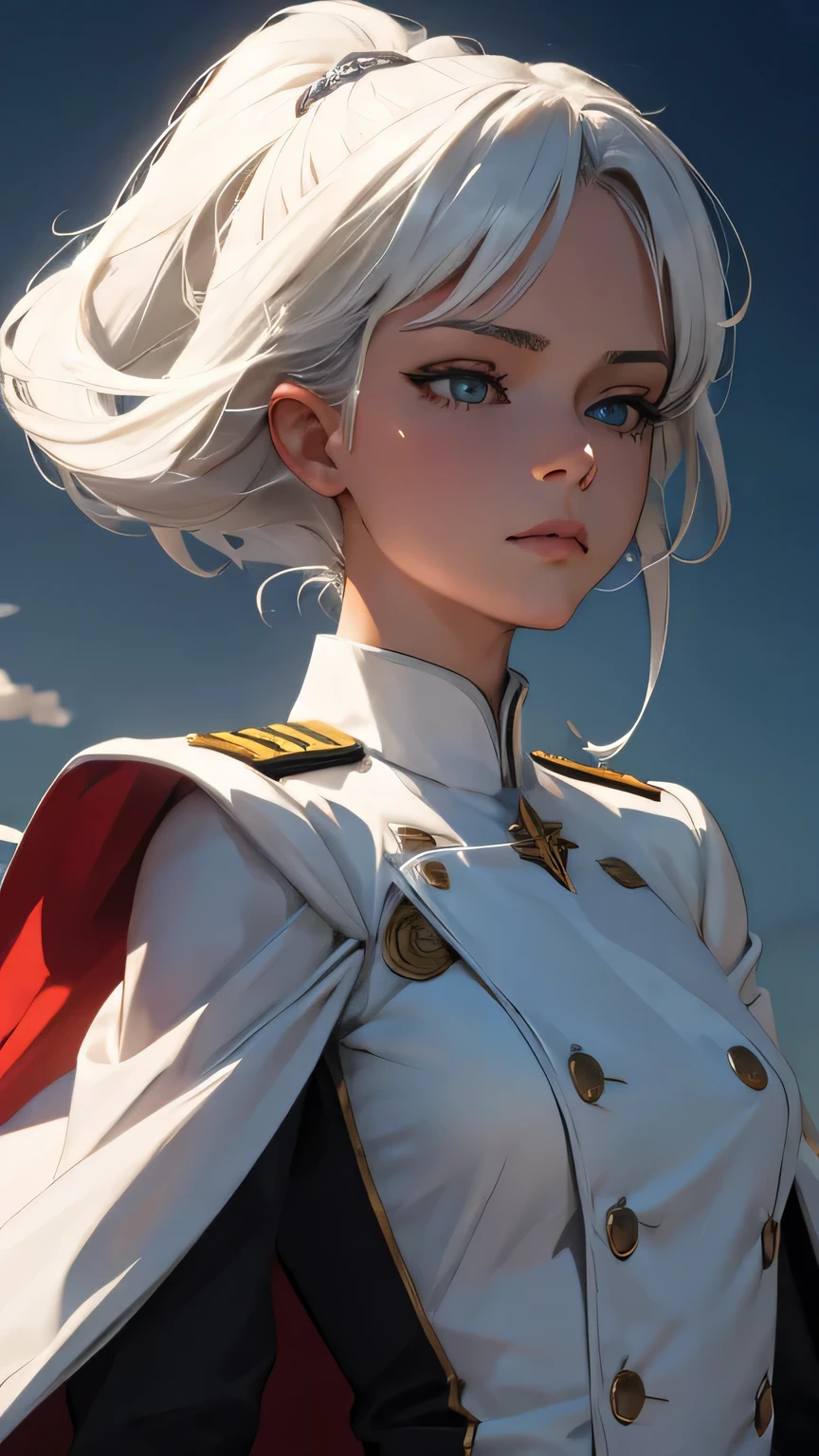 extremely detailed CG unity 8k wallpaper), (masterpiece), (best quality), (ultra-detailed), (best illustration), (best shadow), (absurdres) ,(detailed eyes), 2b, 1girl, long elegant hairstyle , white hair, solo, Intimidating women, admiral uniform, night, hero pose, white clothes, General Uniform, Military Uniform, Sunlight, exposed to sunlight,commander, fighting pose, wearing cape