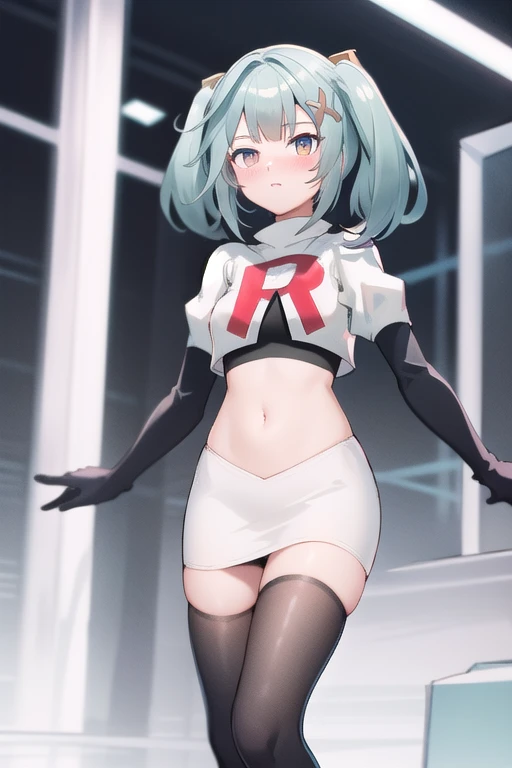 faruzandef, blush, short hair,twin ponytails, team rocket,team rocket uniform,white skirt,red letter R,crop top,black thigh-highs,black elbow gloves