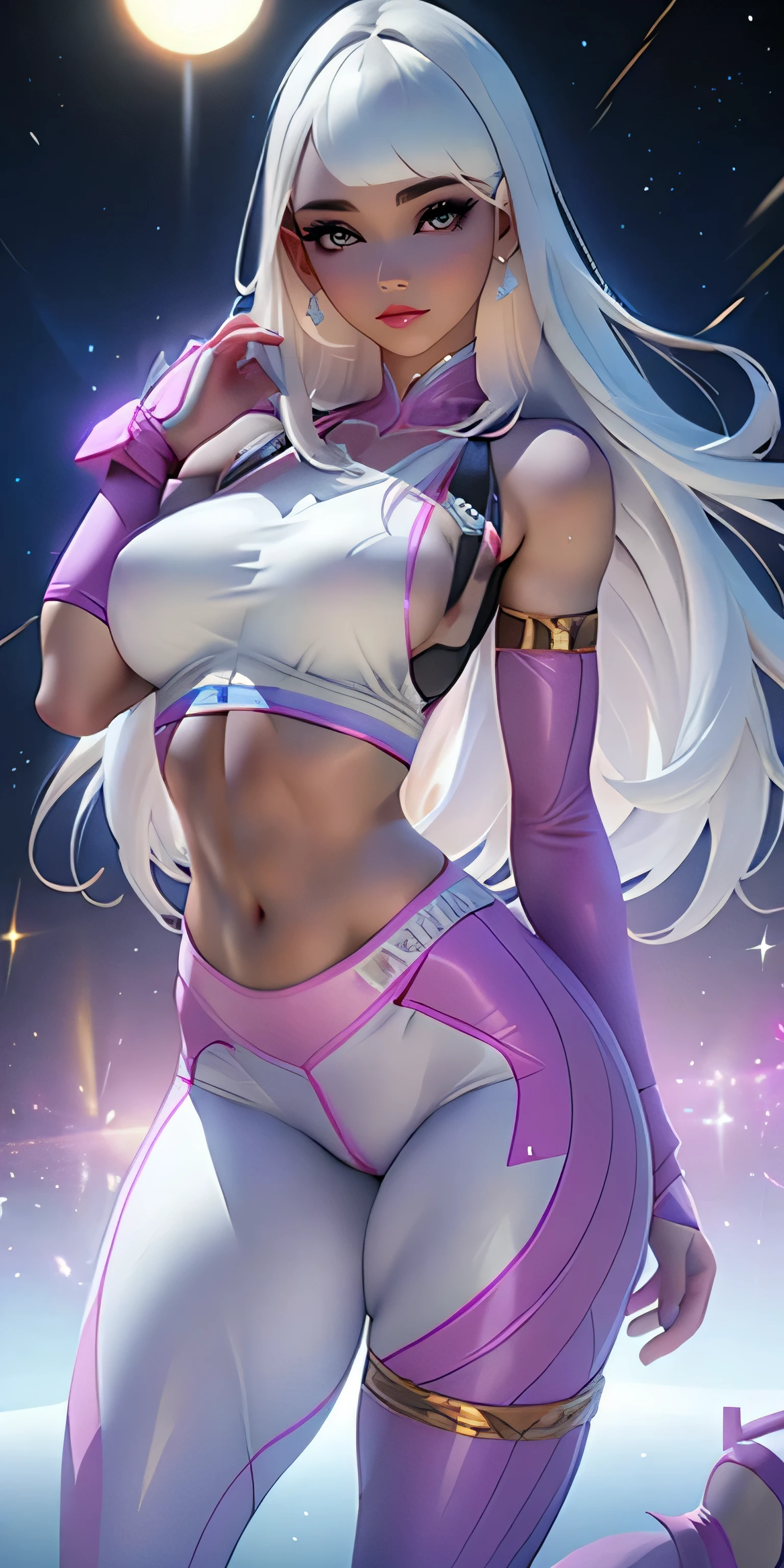 American plane, slim complexion and perfect body, 17 year old young girl, long white hair, purple eyes, cat ears, ((sexy tight-fitting female superhero seductive suit, very short sports Lycras, sleeveless)), bare belly , 3/4 large breasts, seductive smile, sexy dynamic pose, masterpiece, high quality, rear side lighting, random view.