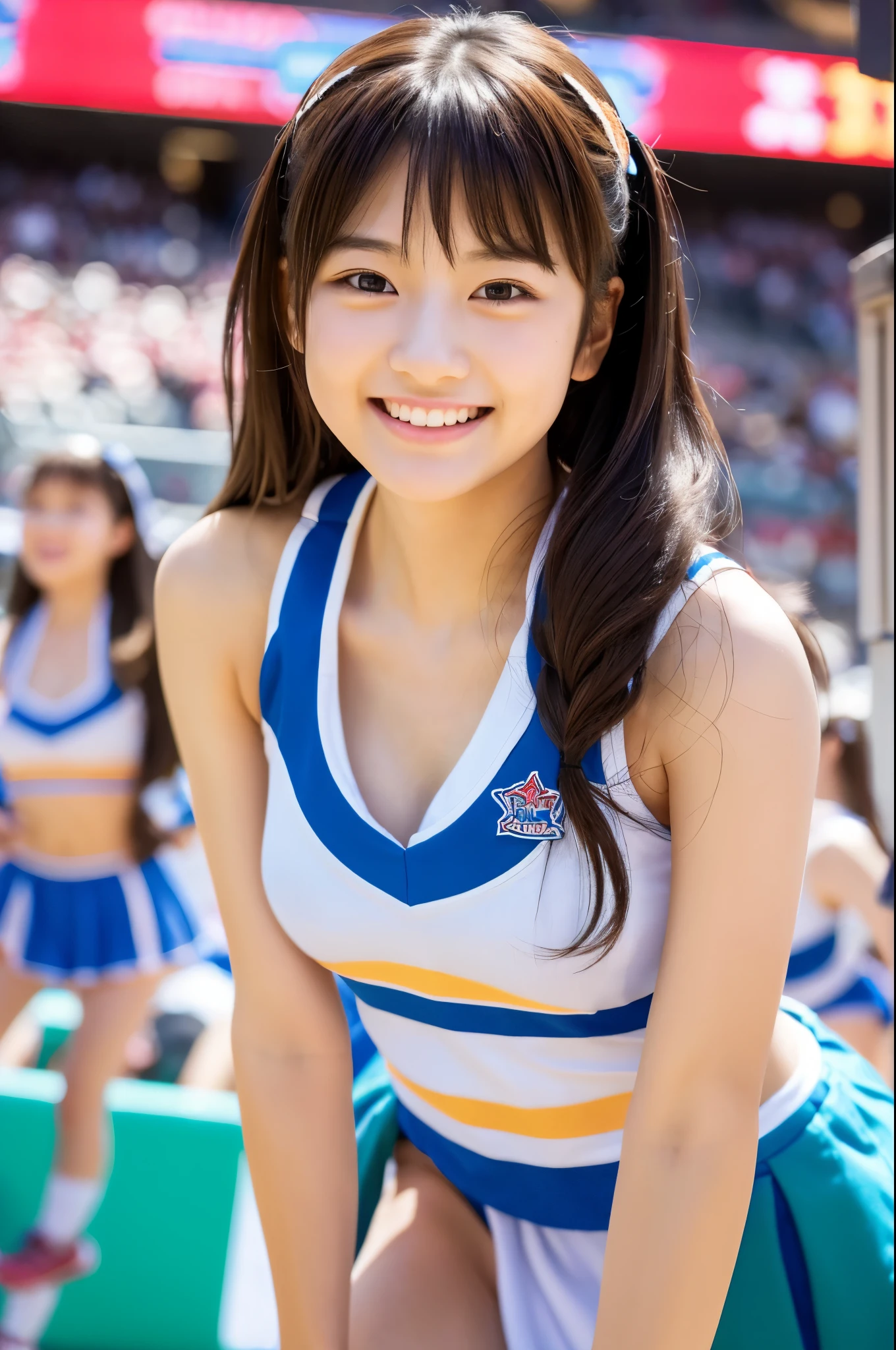 masterpiece、超High resolution、Great job!、She has a very cute face and a young figure like an idol.々A 17-year-old Japanese girl with unique features、Gentle and cute、A kind smile、She is at school　Cheerleading Team、Cheerleader uniforms are bikini style and expose cleavage、Medium size bust、whole body、Cheering at a basketball game　RAW Photos、Genuine、High resolution、Life、No copyright notice